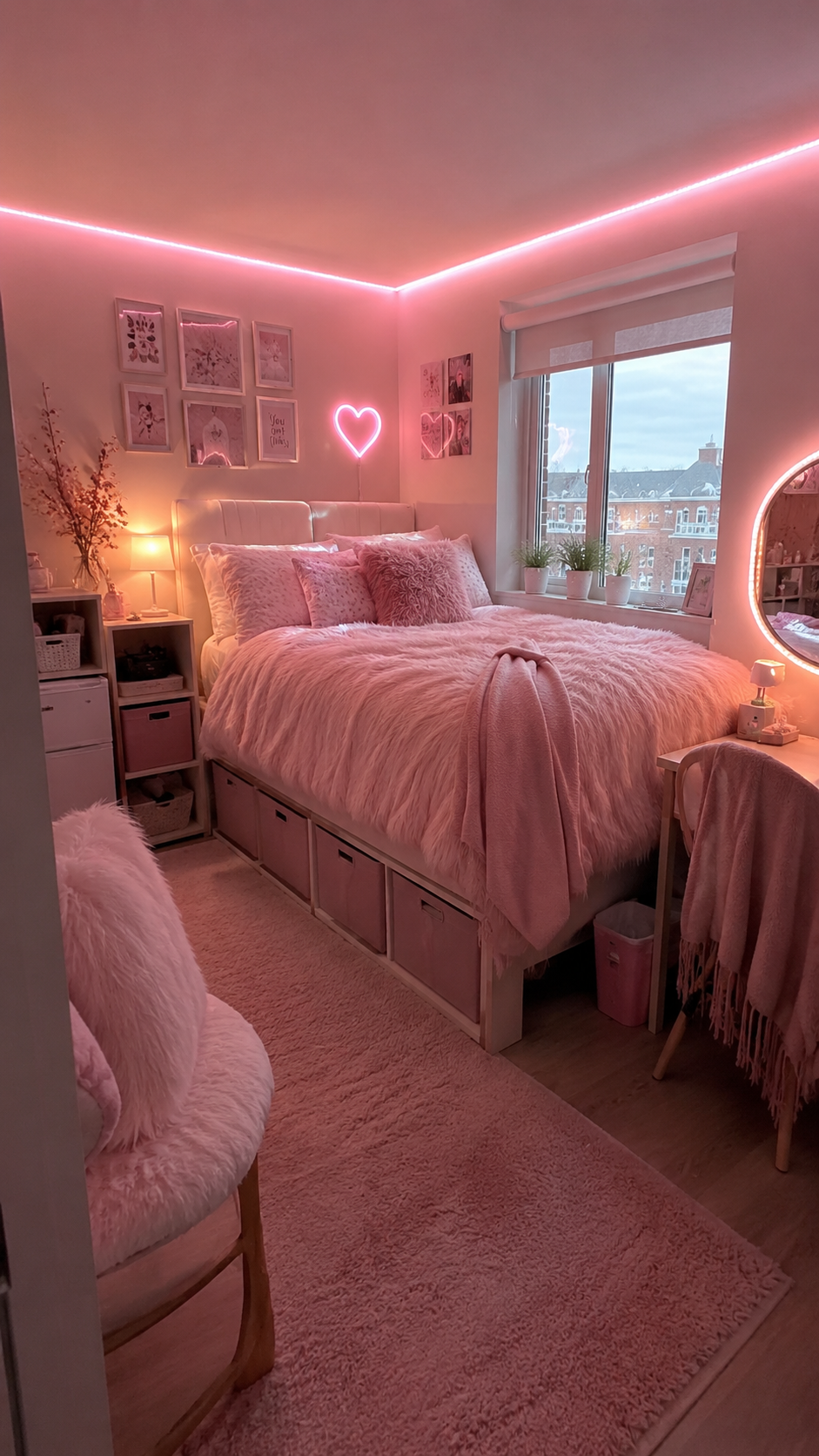 Pink dorm room with fluffy comforter, LED strip lights, heart neon sign, under-bed storage, cube shelves, desk mirror, and cozy rug