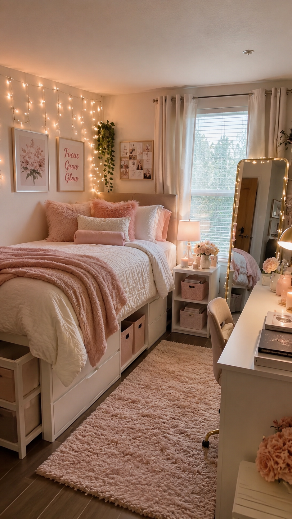 Pink dorm room with raised bed storage, pink shag rug, string lights, desk mirror, white curtains, woven baskets, and soft bedding