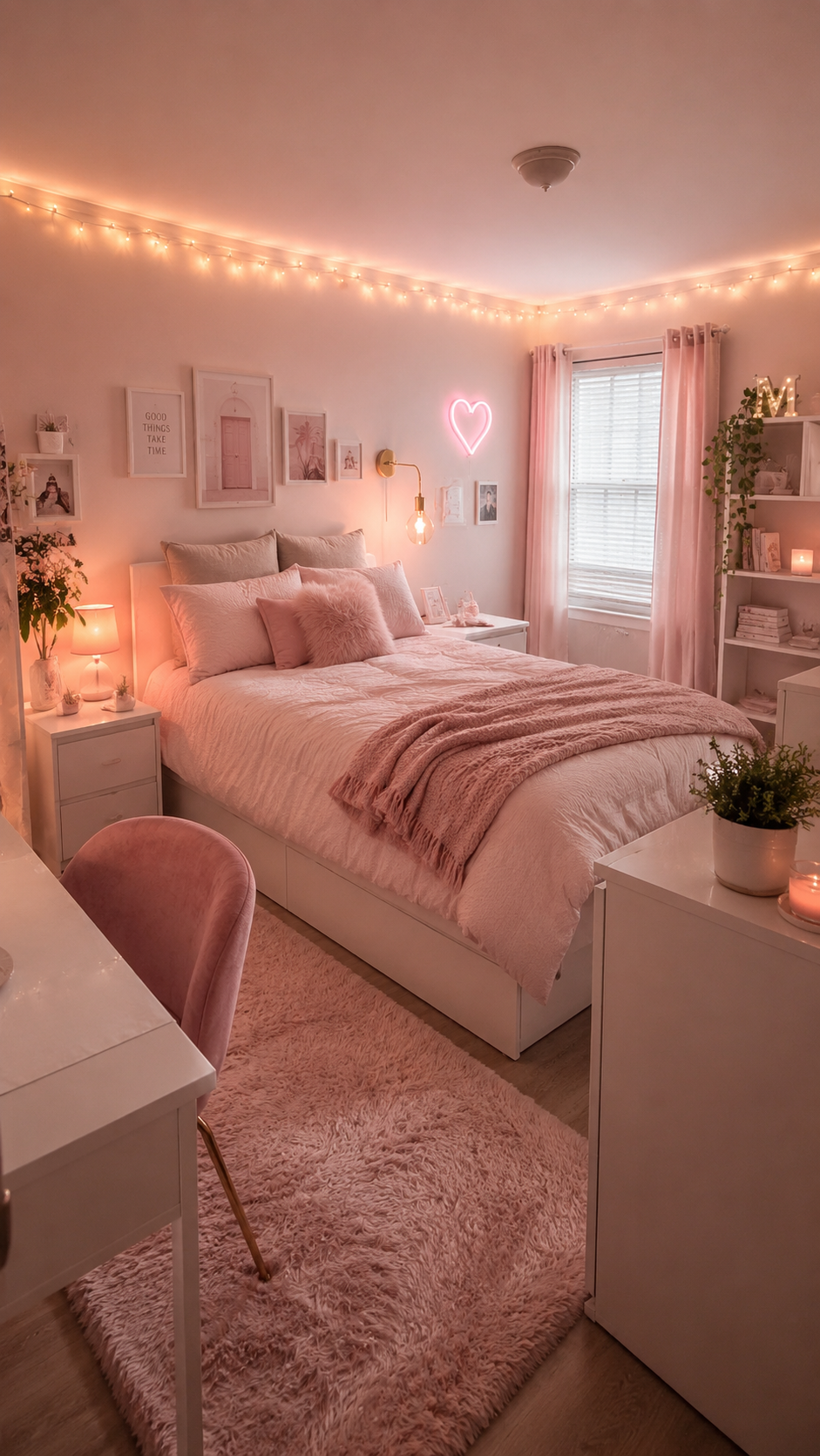 Soft pink dorm room with heart neon light, white bedding, pink throw, desk area, open shelf, shag rug, pink curtains, and plants