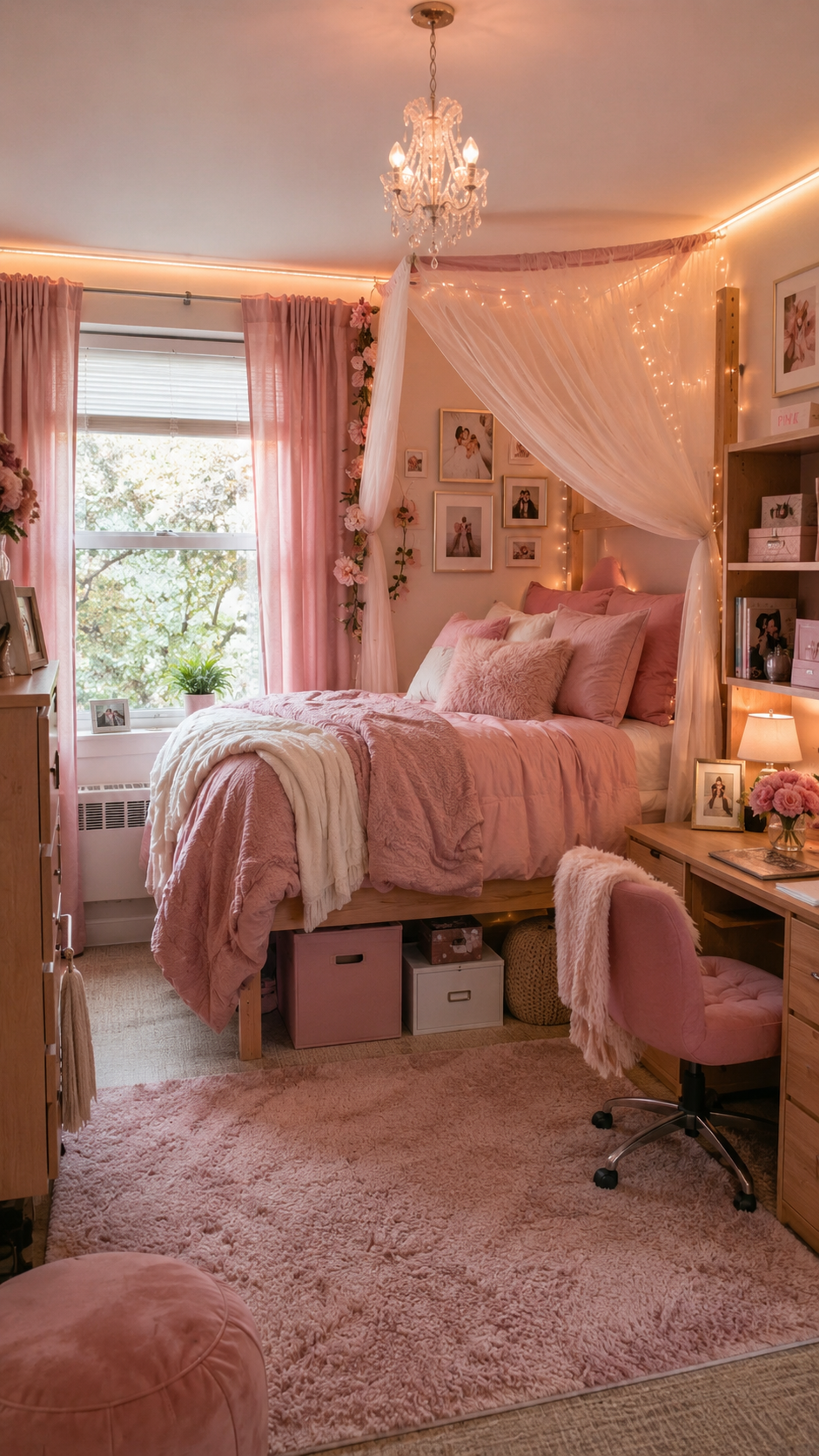 Romantic pink dorm room with raised bed, sheer canopy, fairy lights, pink curtains, chandelier, storage boxes, desk, and shag rug