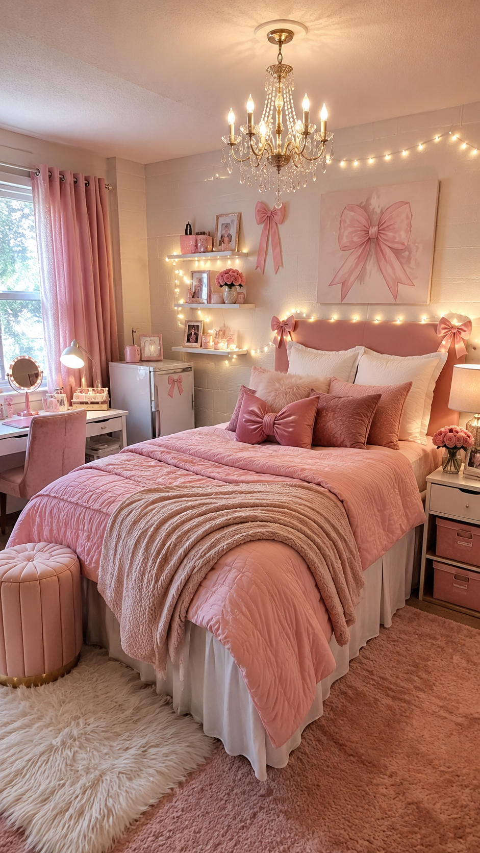 Pink dorm room with bow wall art, pink comforter, upholstered headboard, crystal chandelier, mini fridge, floating shelves, and ottoman
