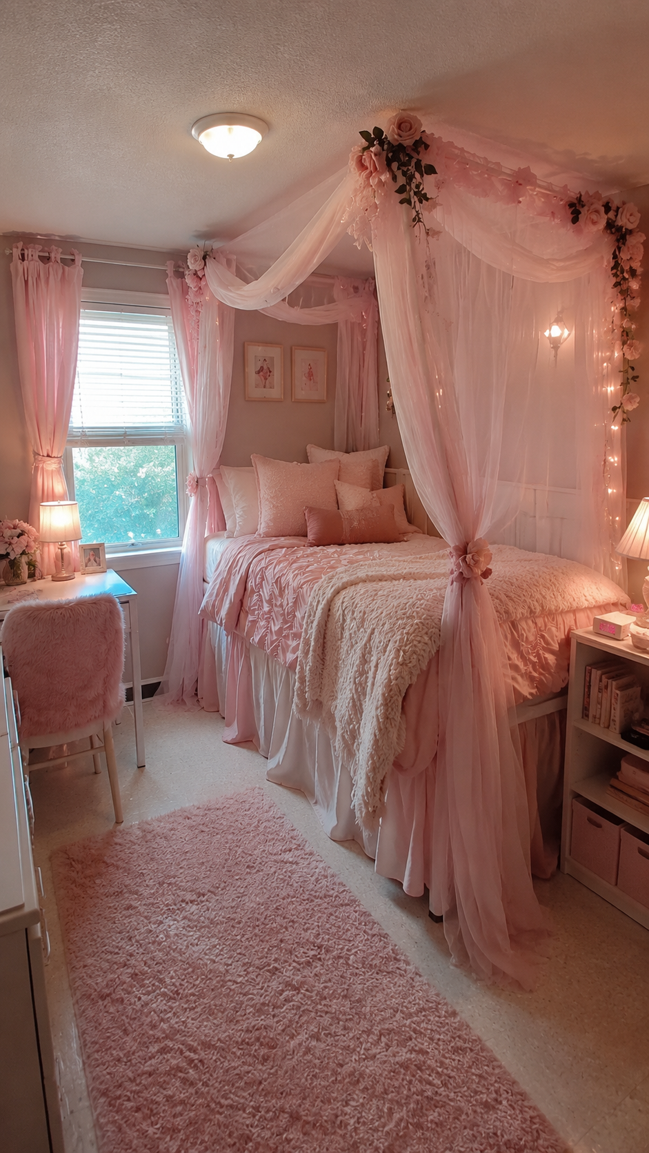 Fairytale pink dorm room with sheer pink canopy, floral garlands, blush bedding, ruffled bed skirt, desk, shelving, and shag rug