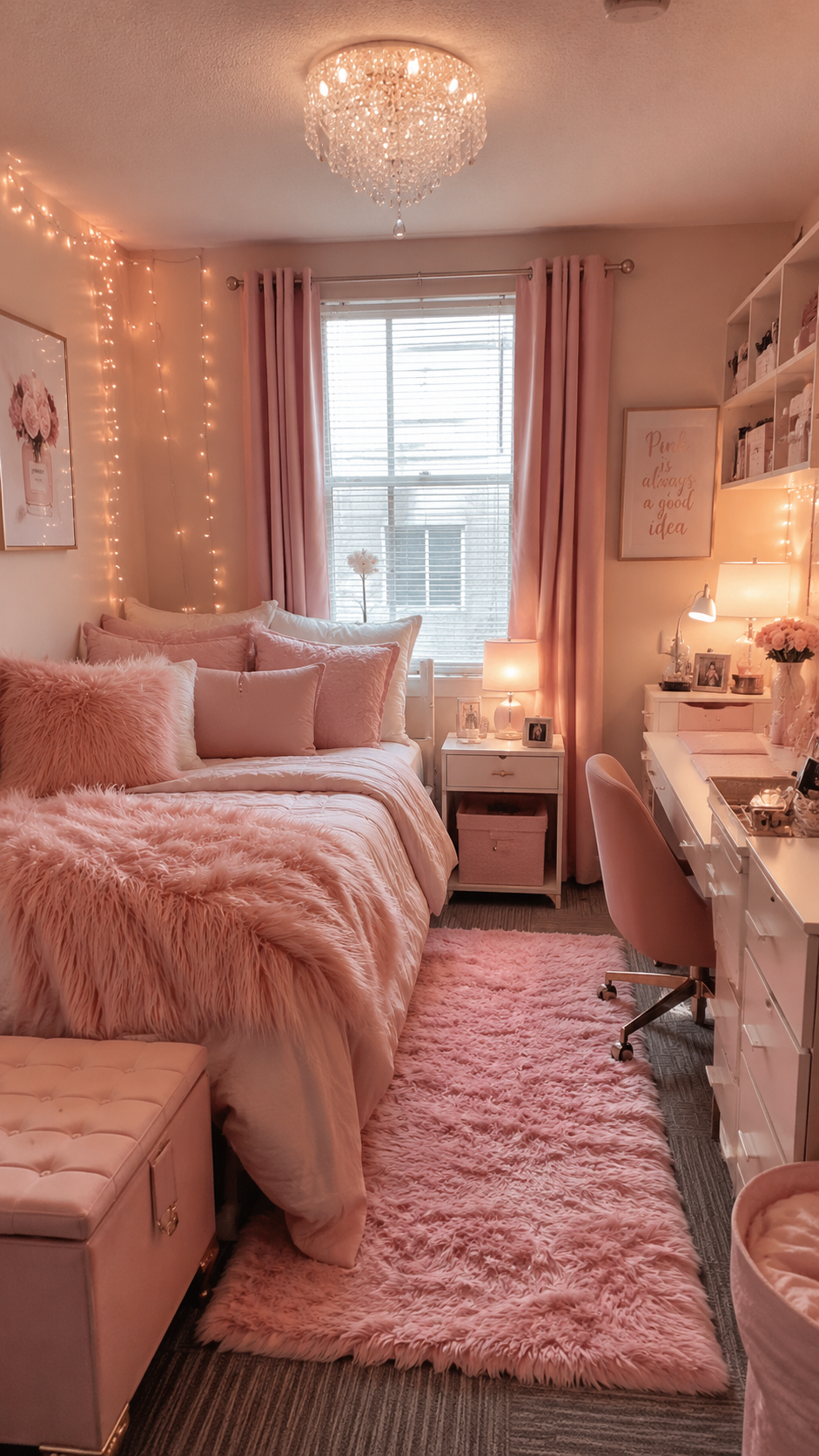 Dreamy blush pink dorm room with faux fur bedding, white desk, pink chair, open shelves, wall art, bench, and warm fairy lights