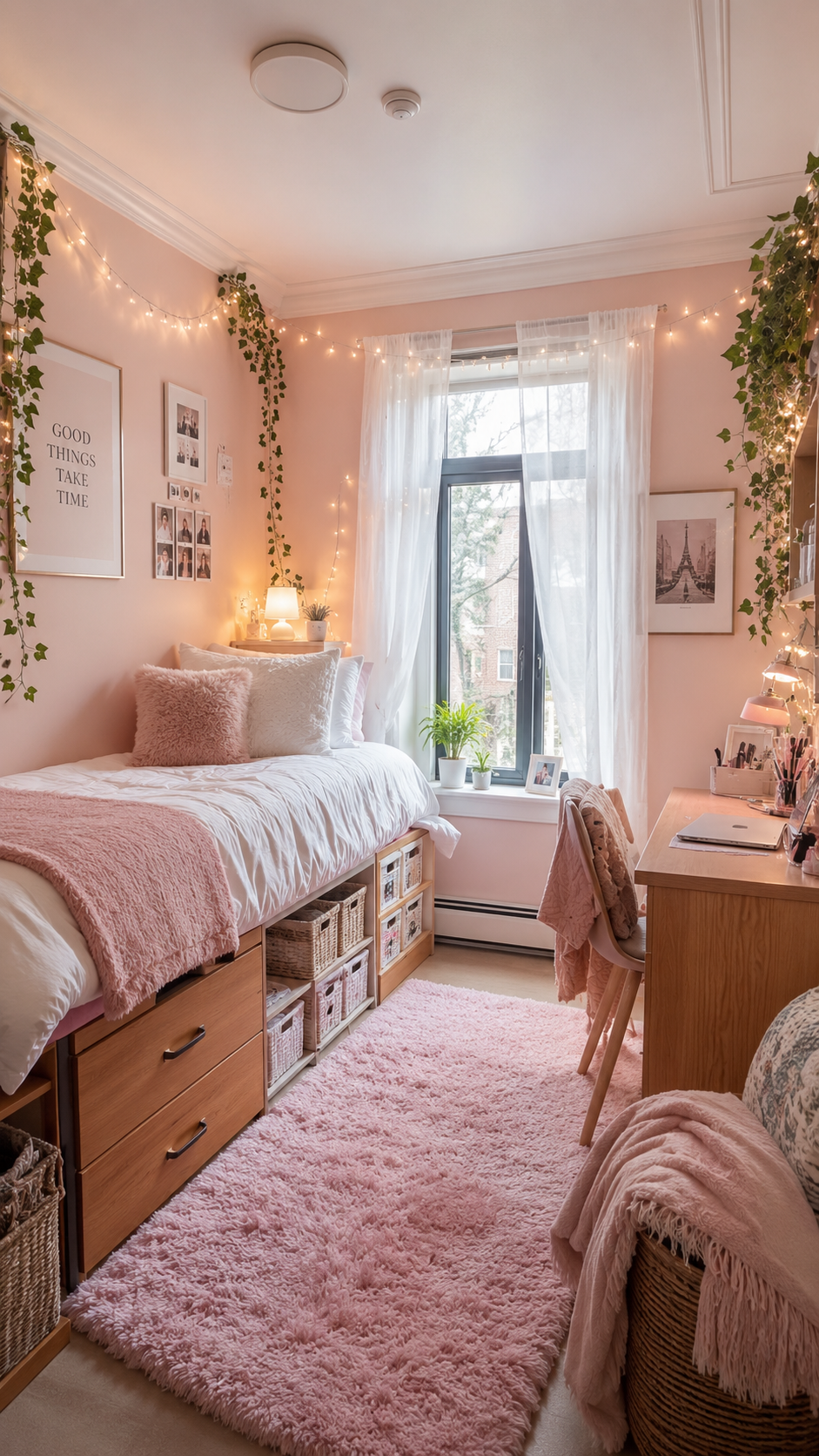 Sunlit pink dorm room with under-bed storage, blush throw, white bedding, wood furniture, plants, study desk, fairy lights, and shag rug