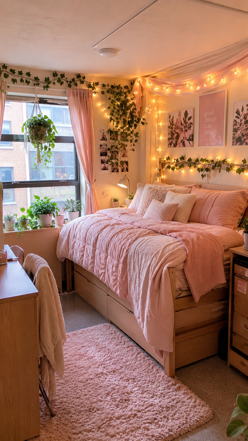 Boho pink dorm room with greenery, fairy lights, raised wood bed, under-bed storage, pink curtains, desk, plants, and shag rug