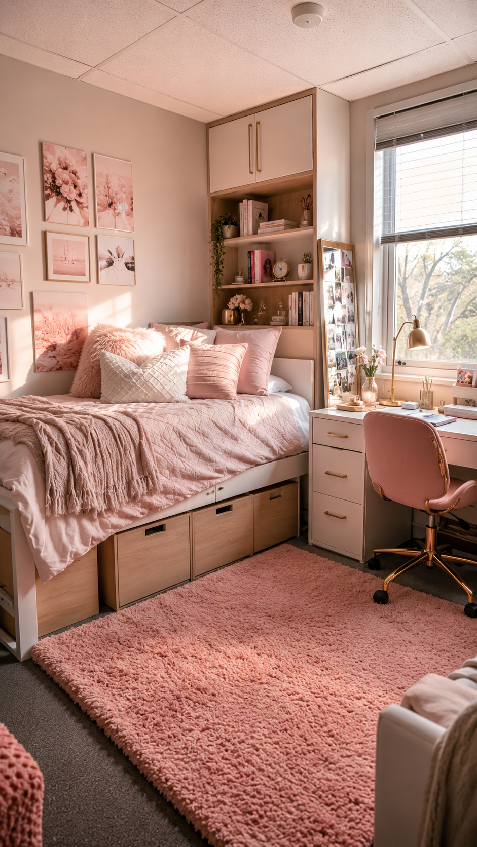 Pink dorm room with raised bed, blush bedding, natural wood drawers, built-in shelves, study desk, pink chair, plants, and smart storage