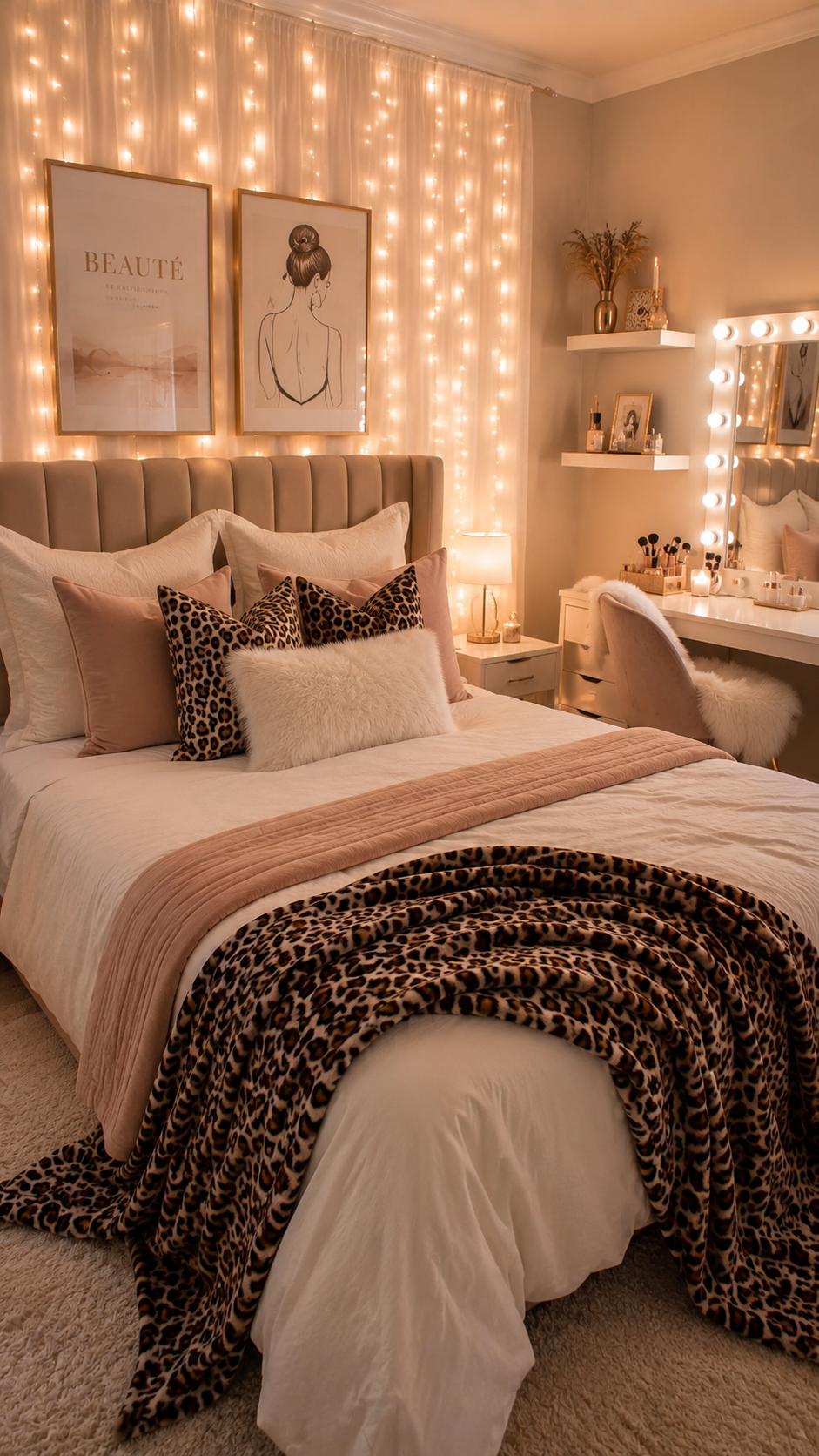Leopard print bedroom ideas with animal print blanket, matching pillows, blush accents, vanity table, warm lights, and cozy glam decor