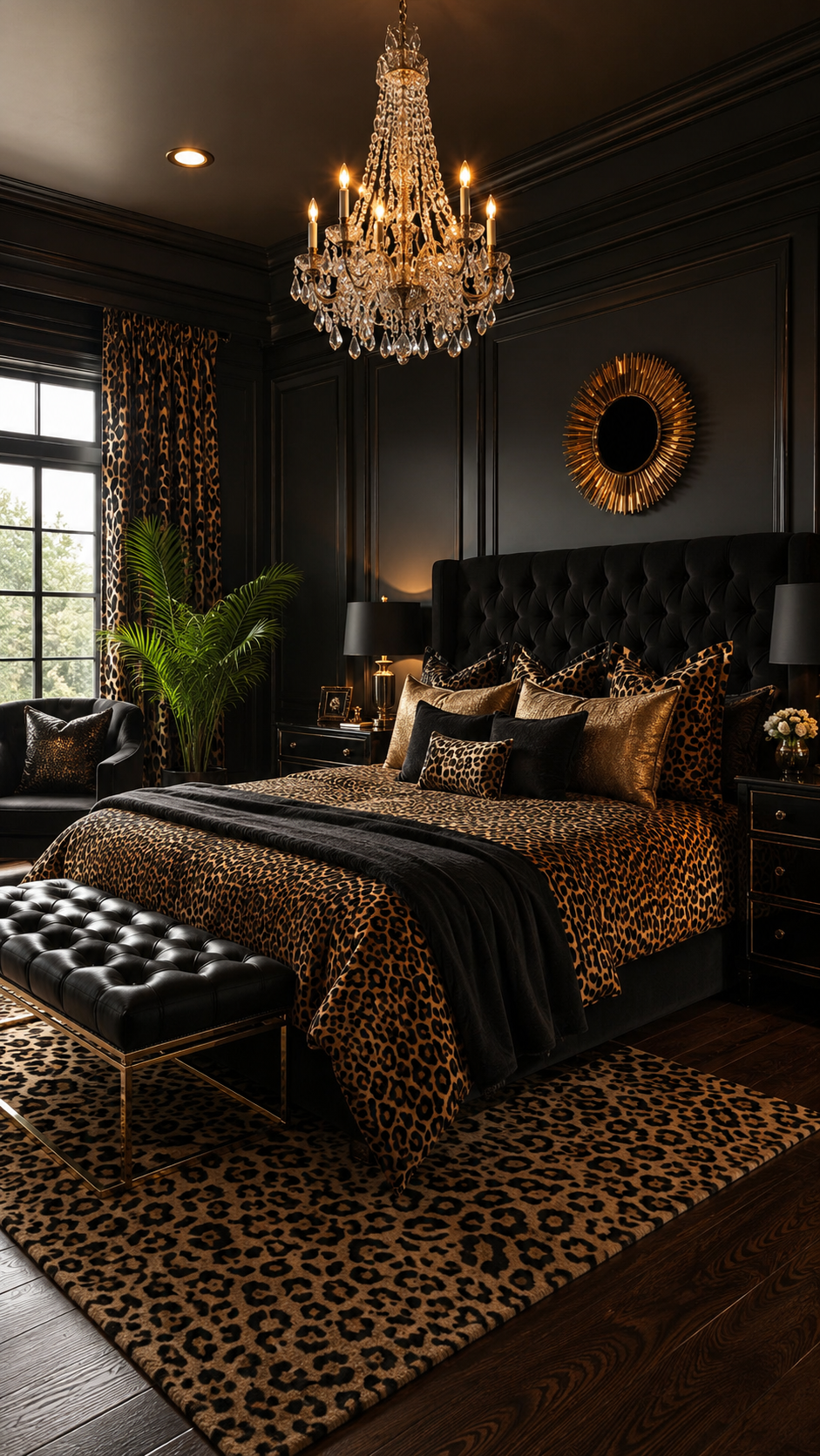 Dramatic leopard print bedroom with black walls, animal print comforter, leopard rug, gold mirror, chandelier, and black furniture