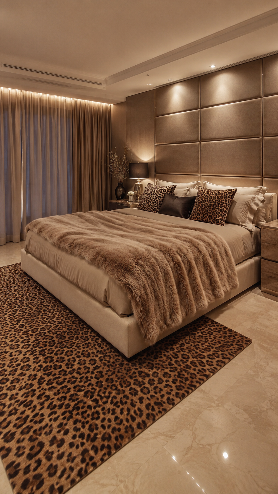 Soft luxury leopard print bedroom with large leopard rug, padded wall panels, neutral bedding, marble nightstands, and warm recessed lighting