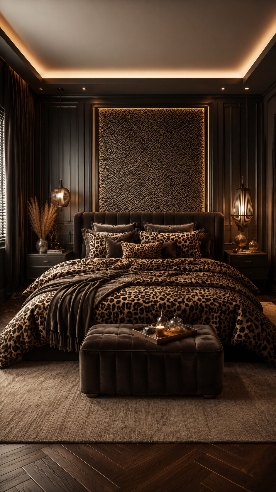 Bold leopard print bedroom with animal print bedding, leopard feature wall, black wall panels, warm lighting, ottoman, and dark wood floor