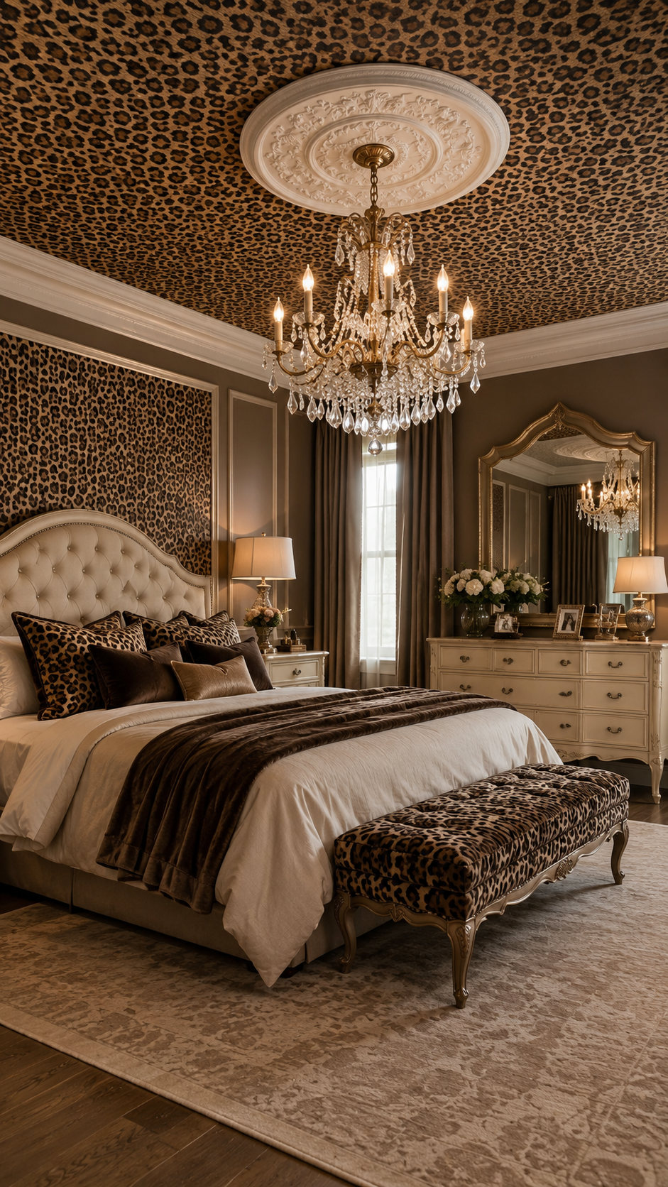 Old Hollywood leopard print bedroom with leopard ceiling, leopard accent wall, white bedding, tufted headboard, chandelier, and cream dresser