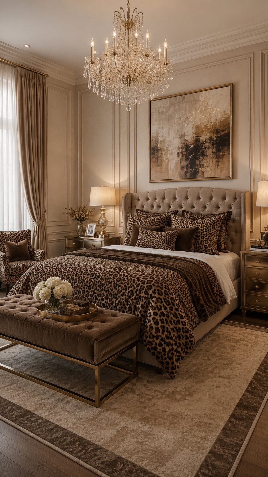 Refined leopard print bedroom with beige tufted headboard, leopard bedding, leopard chair, crystal chandelier, wall art, and neutral rug