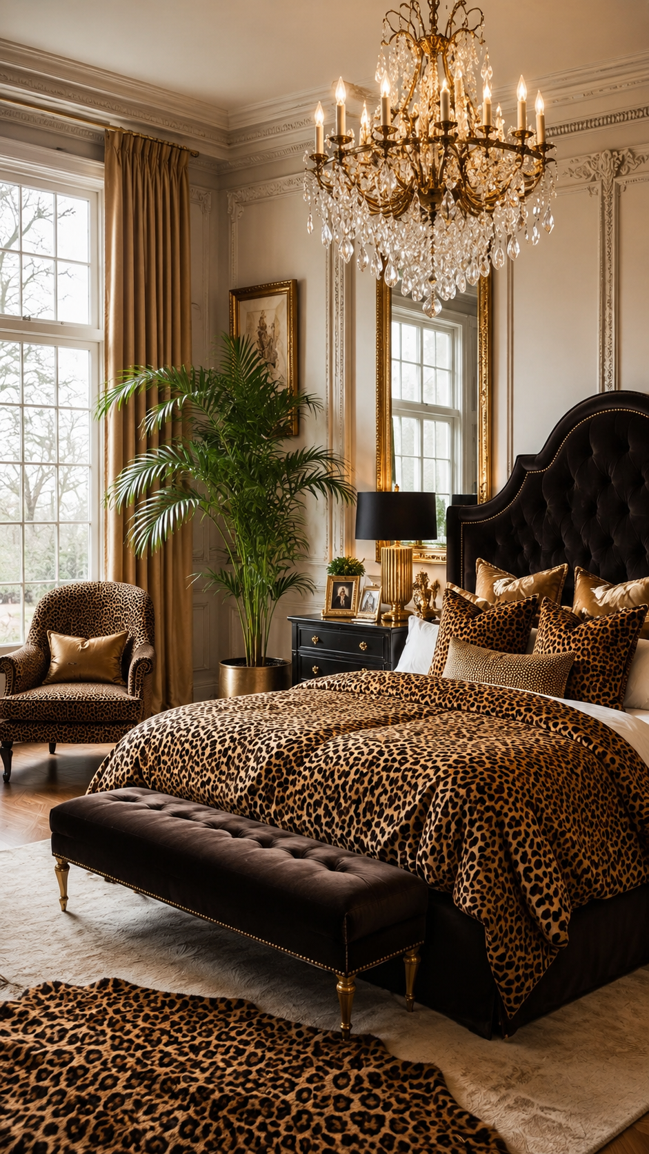 Regal leopard print bedroom with black tufted headboard, leopard bedding, gold curtains, chandelier, leopard chair, plant, and bench
