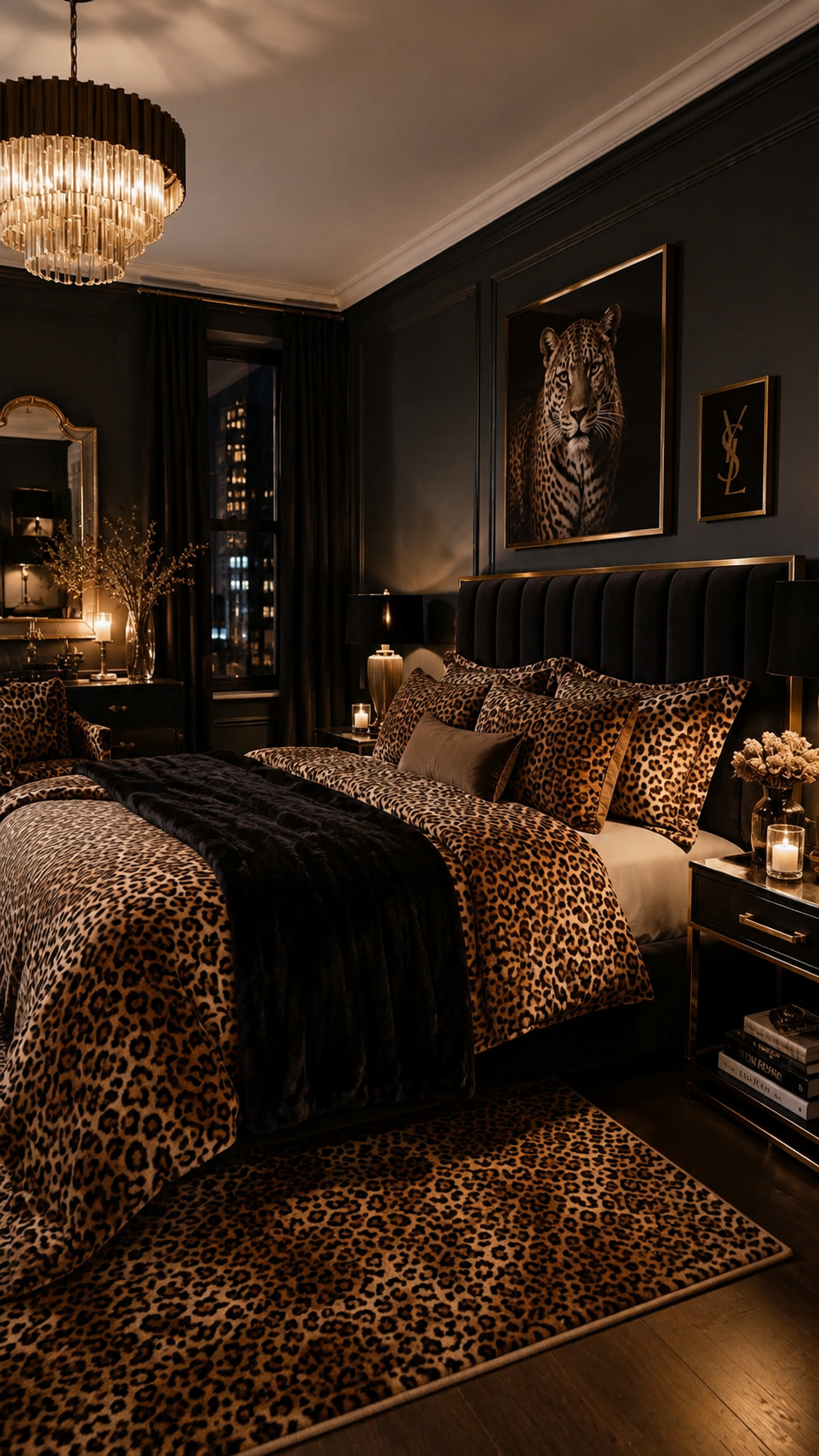 Boutique hotel leopard print bedroom with black headboard, leopard bedding, matching rug, chandelier, vanity dresser, and gold mirror