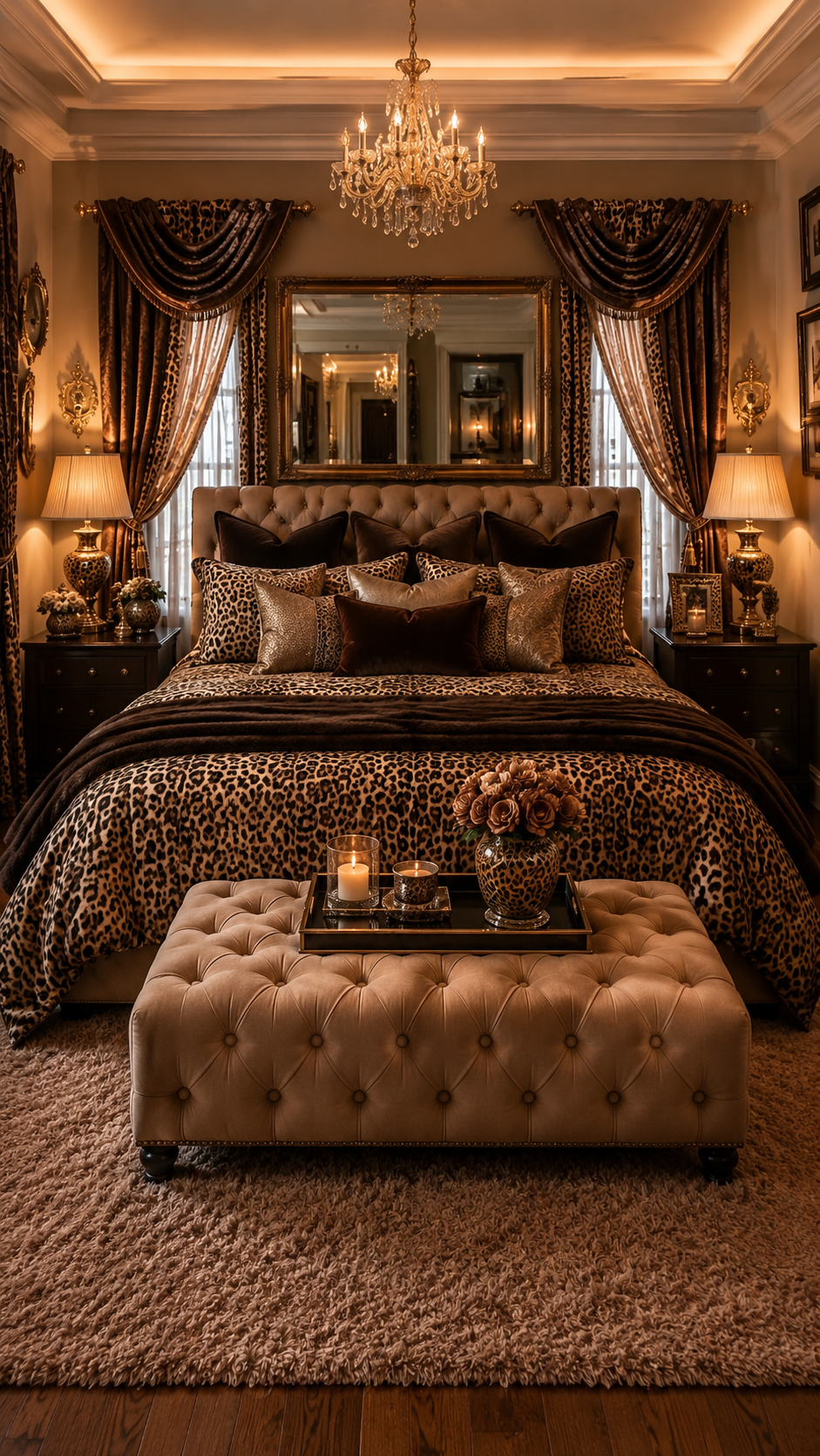 Warm leopard print bedroom with animal print bedding, beige headboard, leopard curtains, gold mirror, chandelier, ottoman, and layered pillows