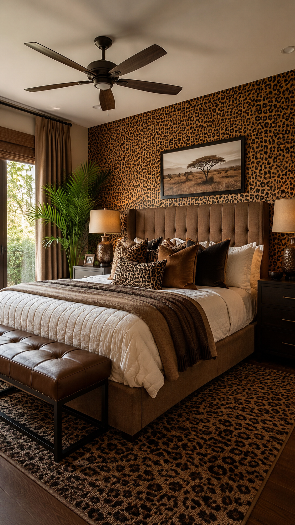 Leopard print bedroom with accent wall, white bedding, channel tufted headboard, leather bench, leopard rug, plants, and warm lamps