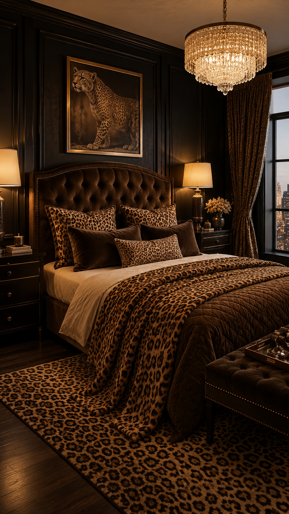 Moody leopard print bedroom with dark walls, leopard throw, tall brown headboard, chandelier, leopard curtains, black nightstands, and rug