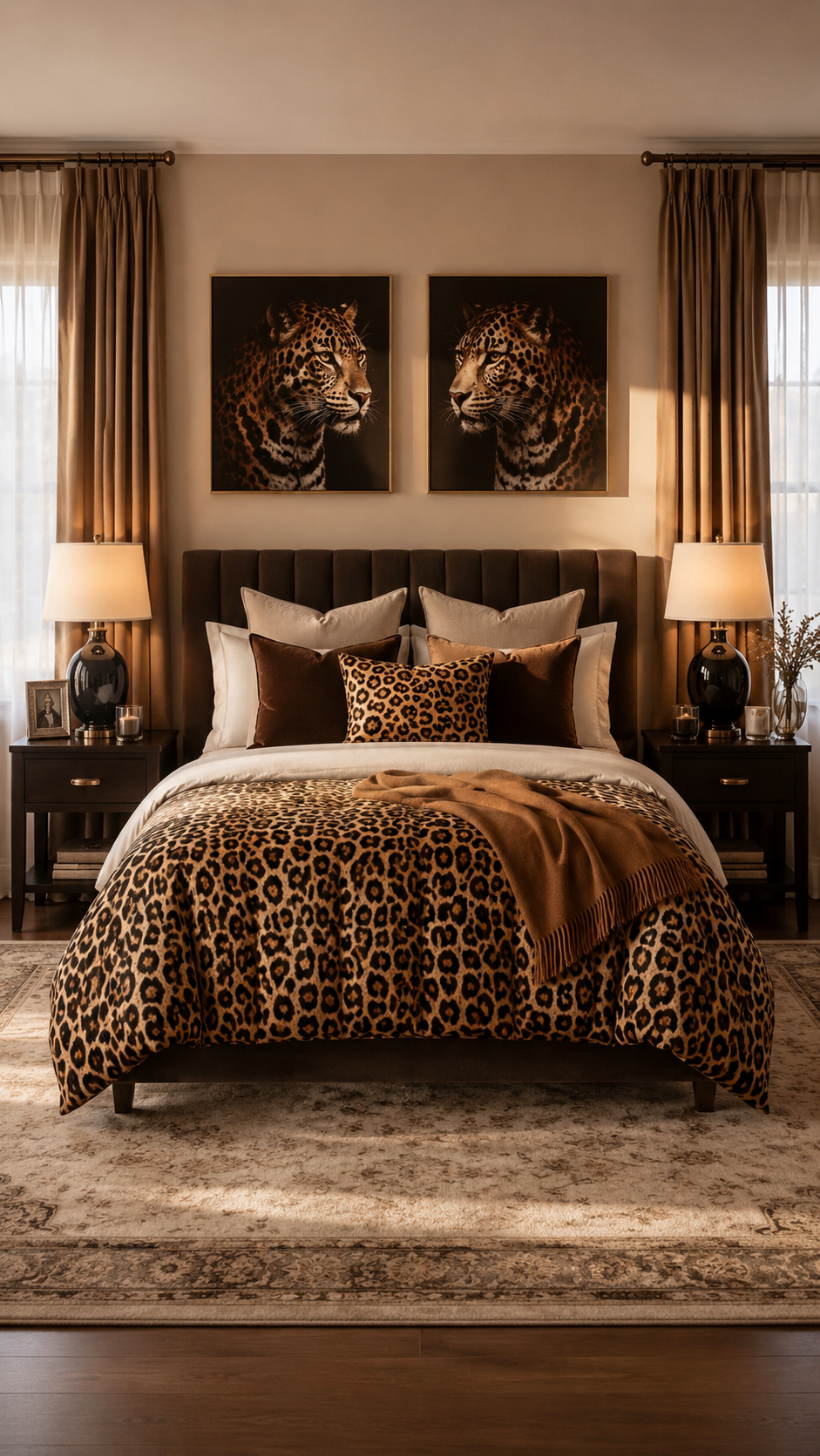 Balanced leopard print bedroom with animal print comforter, deep brown headboard, leopard artwork, brown curtains, nightstands, and neutral rug