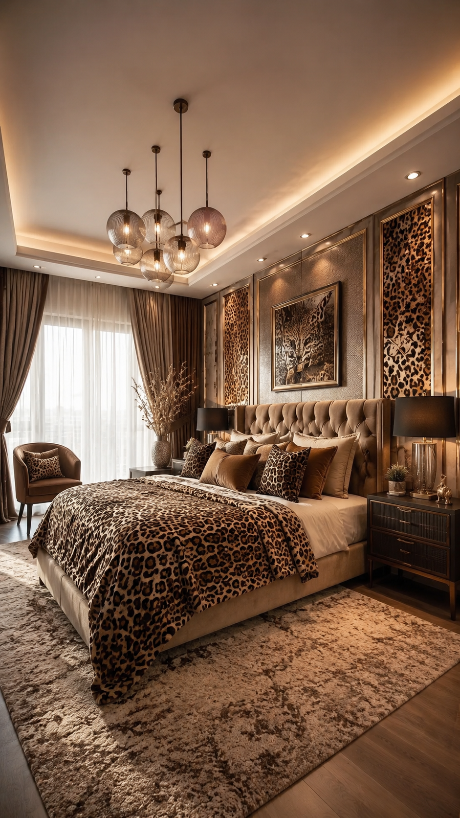 Modern leopard print bedroom with statement bedding, taupe tufted headboard, leopard wall panels, gold trim, pendant lights, and accent chair