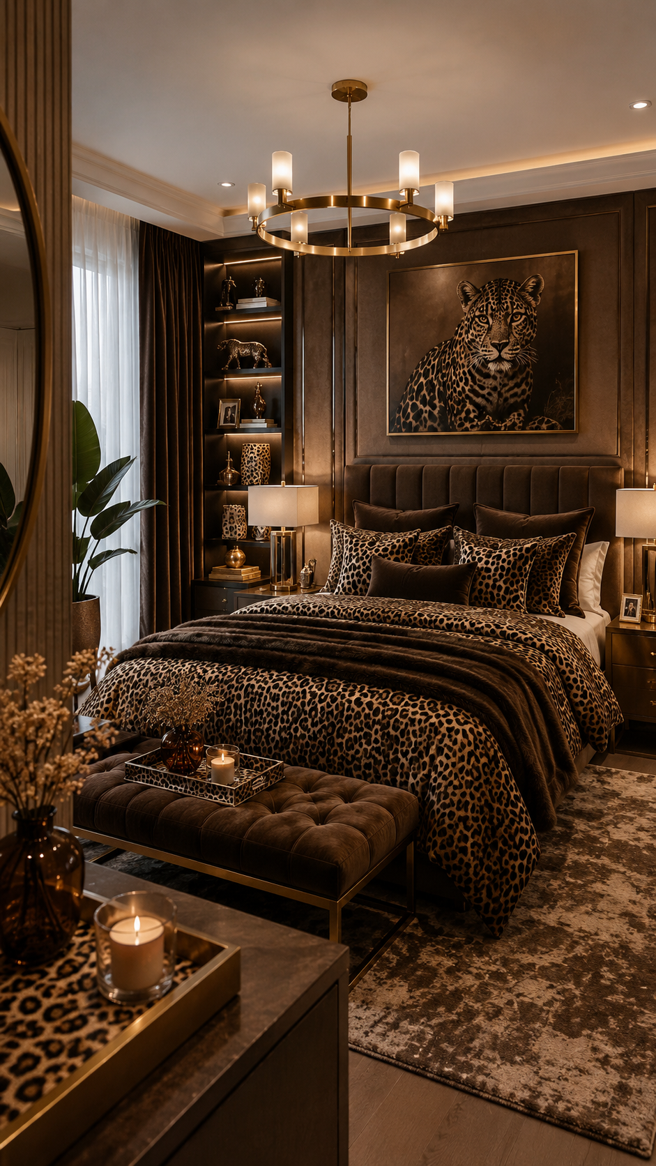 Dramatic leopard print bedroom with dark paneled wall, leopard bedding, leopard artwork, circular chandelier, built-in shelves, and tufted bench
