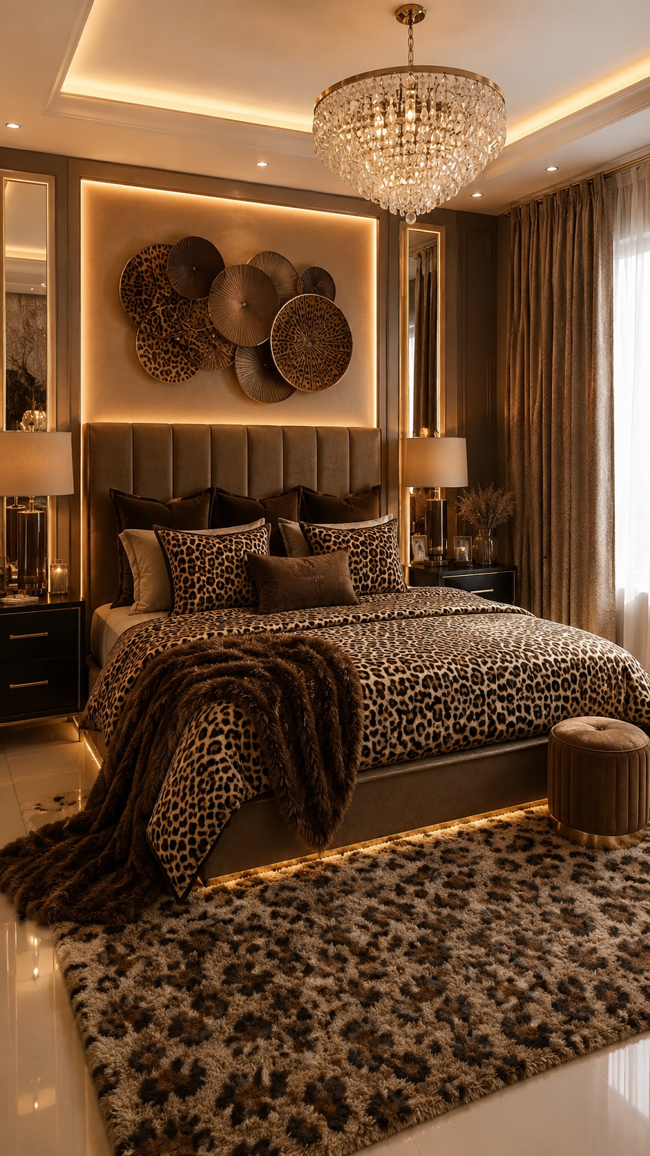 Luxury leopard print bedroom with leopard bedding, round wall decor, chandelier, LED lighting, patterned drapes, velvet ottoman, and leopard rug