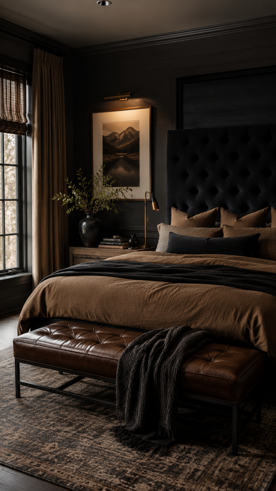 Black and brown bedroom ideas with charcoal walls, brown bedding, tufted headboard, leather bench, warm lighting, and luxury bedroom decor