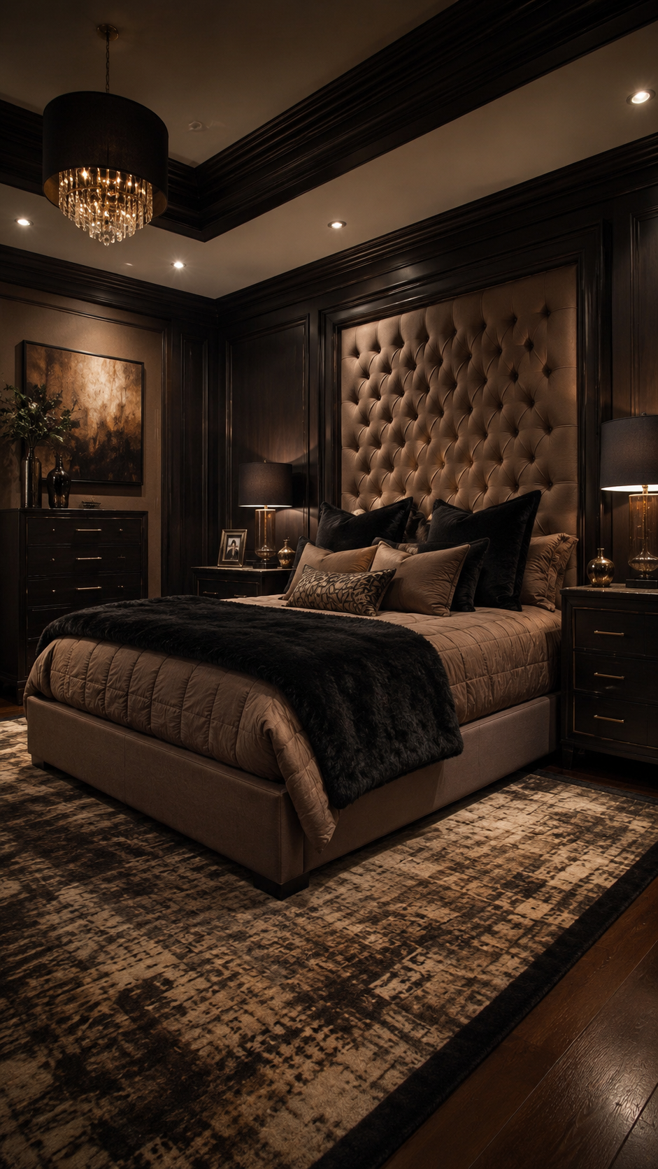 Moody black and brown bedroom with oversized tufted headboard, black wall paneling, brown comforter, faux fur throw, and chandelier