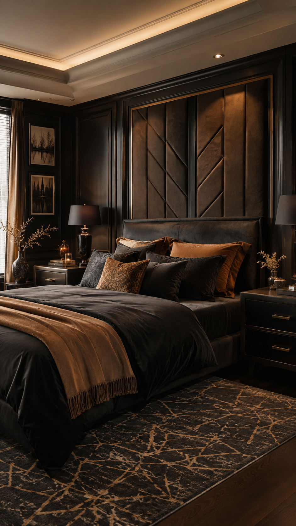 Luxury black and brown bedroom with geometric headboard wall, dark bedding, gold handles, warm lighting, and patterned rug