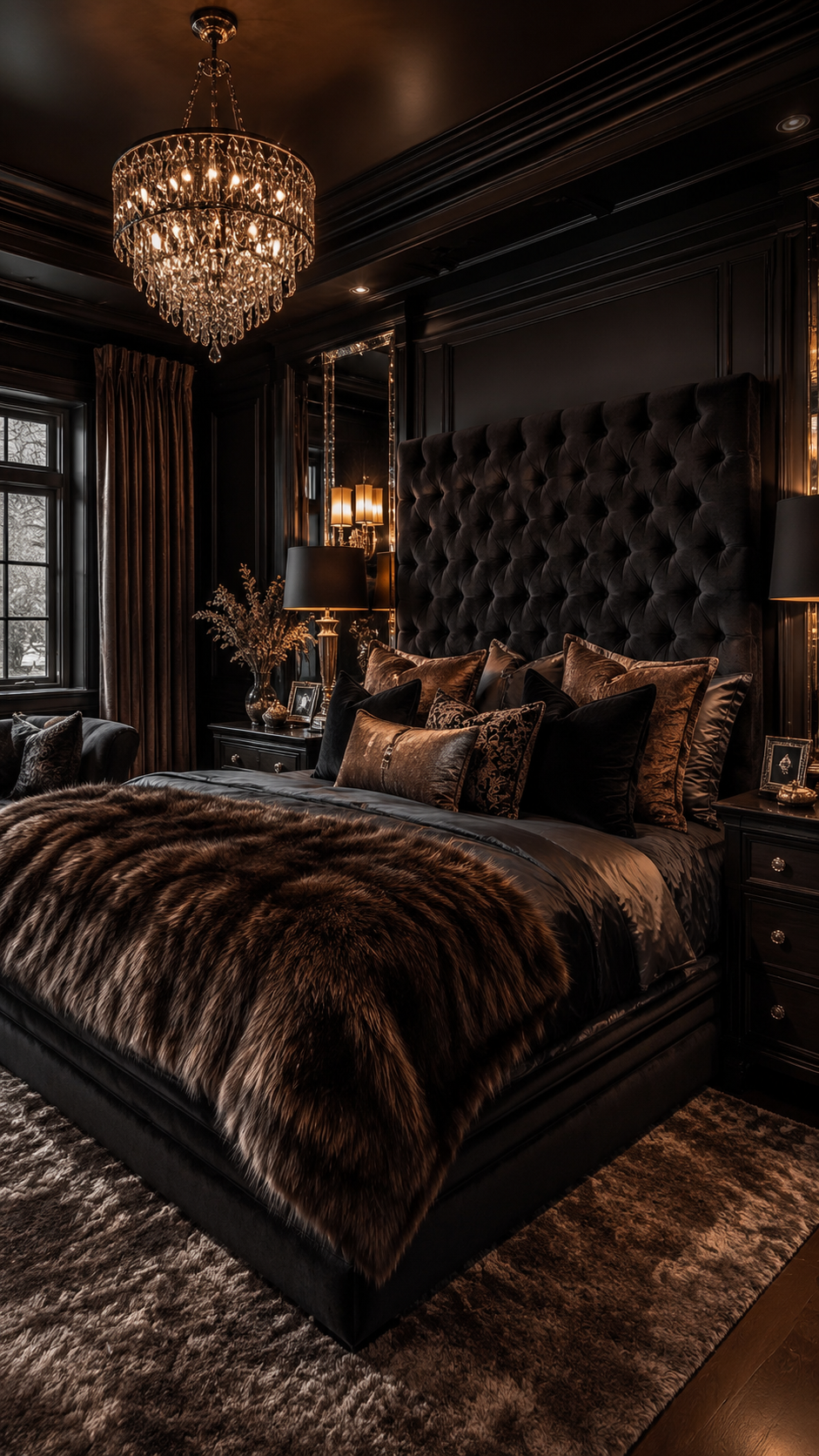 Dramatic black and brown bedroom with tall tufted headboard, crystal chandelier, faux fur throw, brown curtains, and accent chair