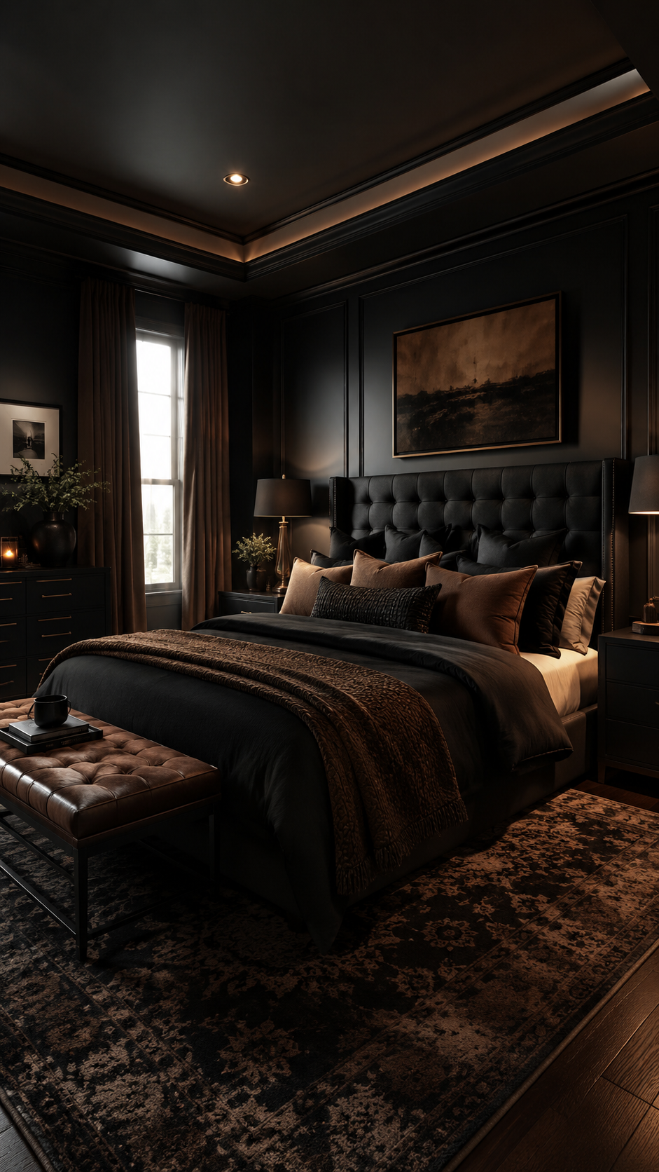 Black and brown bedroom with square tufted headboard, leather bench, textured brown throw, patterned rug, black nightstands, and warm lamps