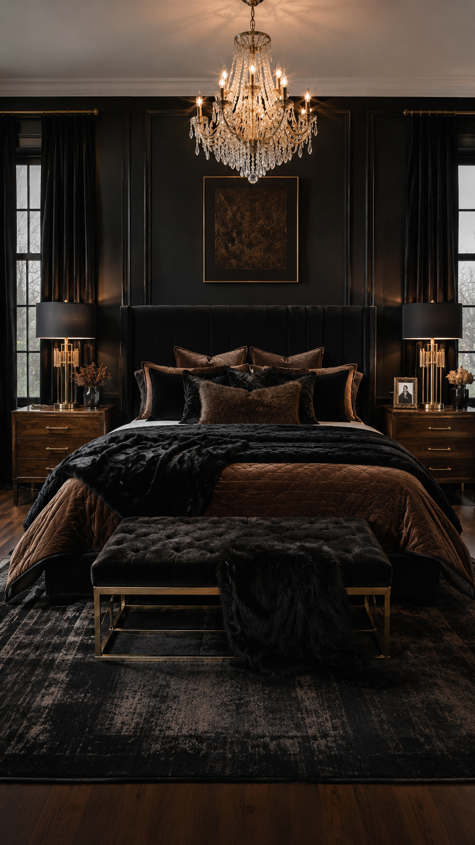 Symmetrical black and brown bedroom with black upholstered headboard, quilted brown bedding, crystal chandelier, gold accents, and tufted bench