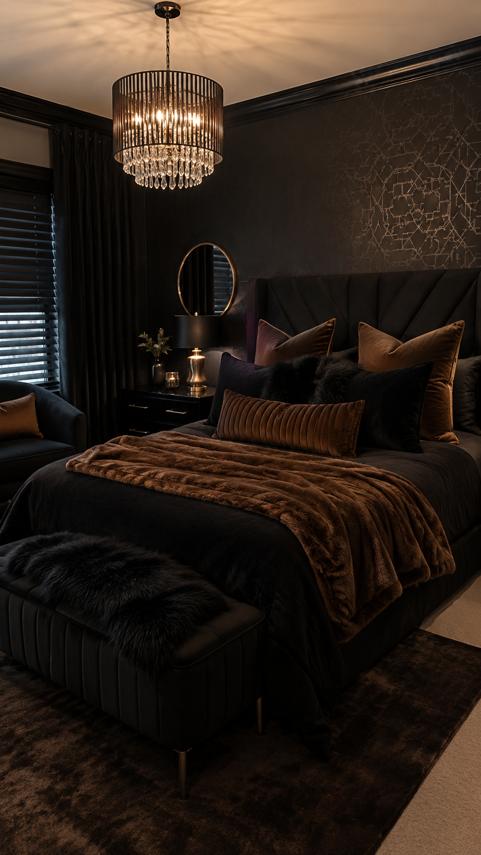 Moody black and brown bedroom with black upholstered bed, caramel pillows, brown throw, black chandelier, bench, and accent chair