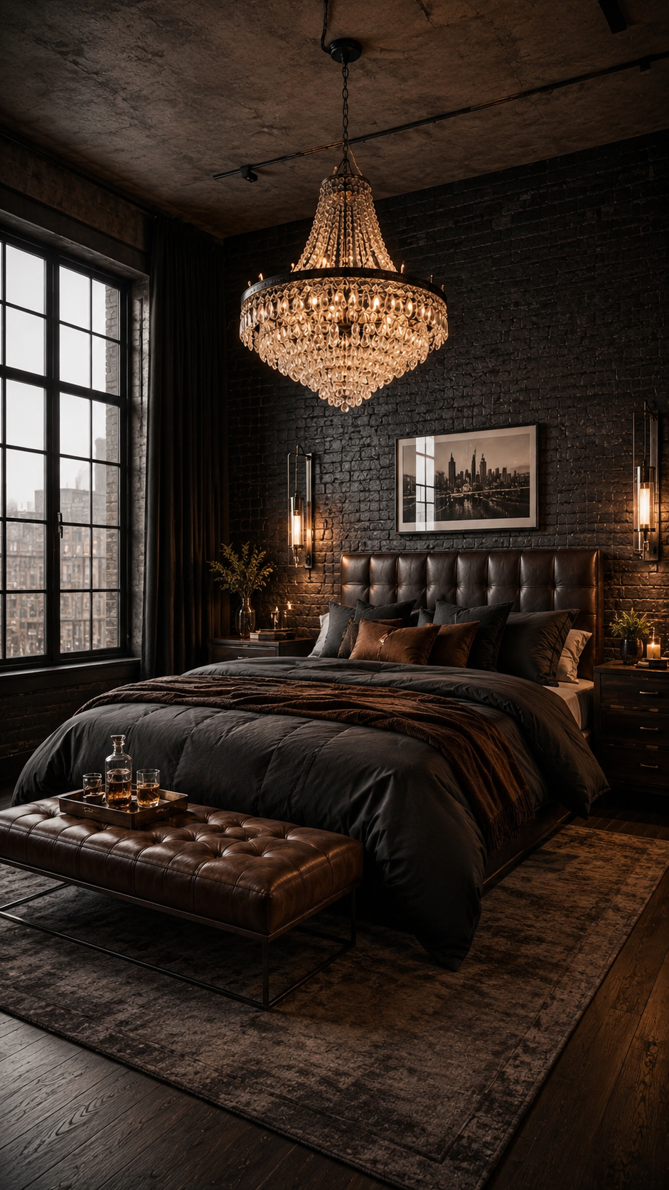 Industrial black and brown bedroom with painted brick wall, leather headboard, brown bench, crystal chandelier, city artwork, and dark curtains