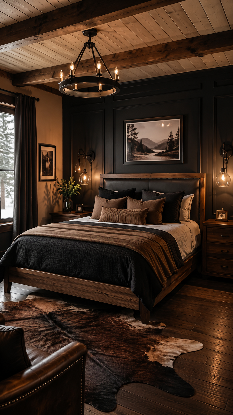 Rustic black and brown bedroom with wood ceiling beams, black feature wall, brown bed frame, cowhide rug, chandelier, and leather chair