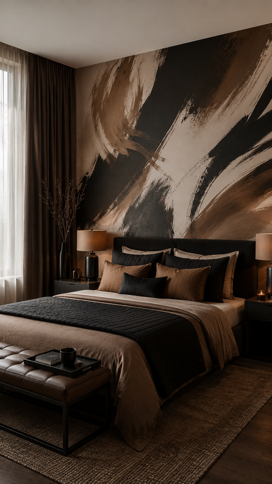 Artistic black and brown bedroom with abstract mural, dark upholstered headboard, brown leather bench, black nightstands, and woven rug