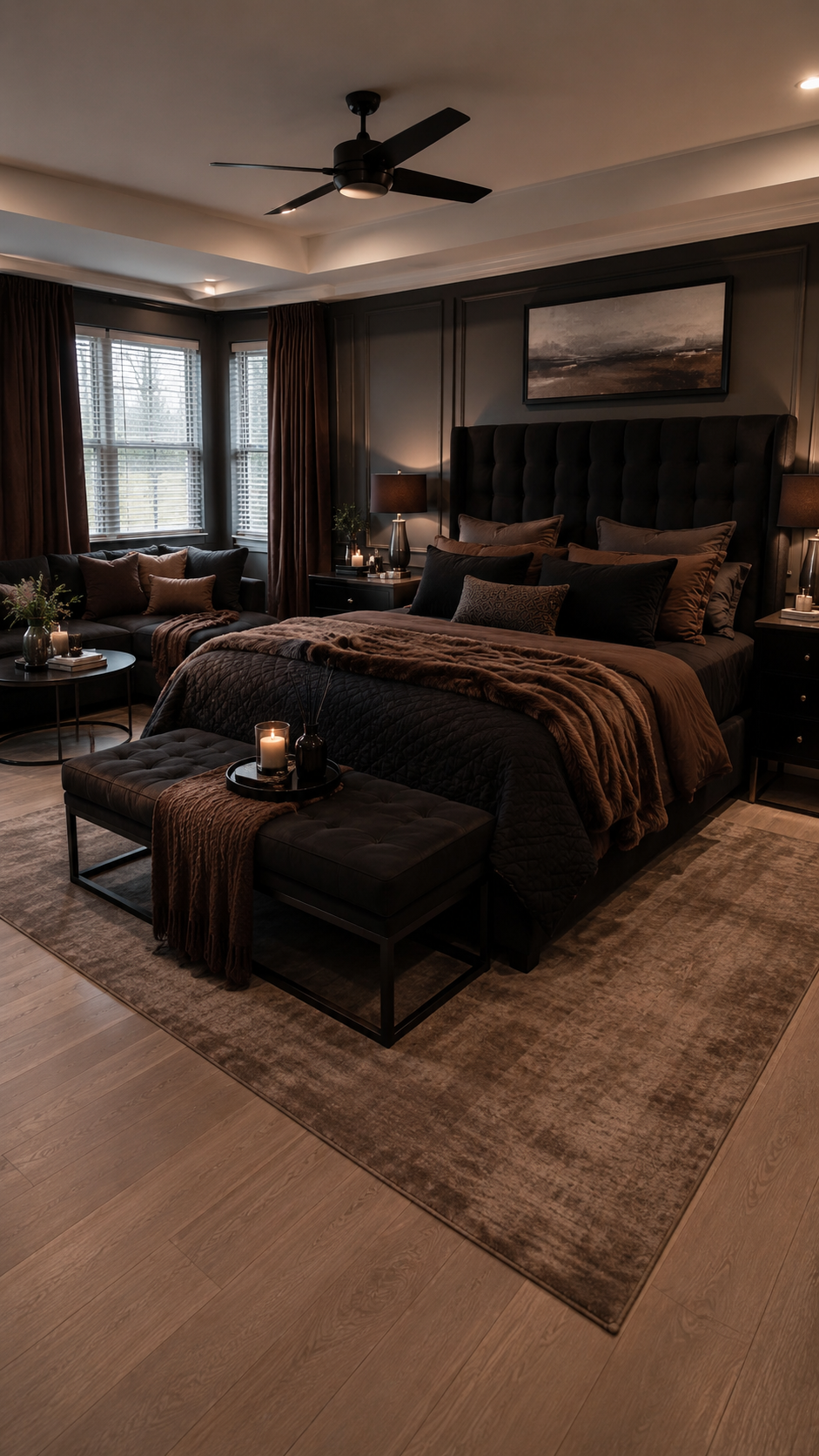 Cozy black and brown bedroom with black tufted headboard, brown bedding, vintage rug, seating area, ceiling fan, and warm lamps
