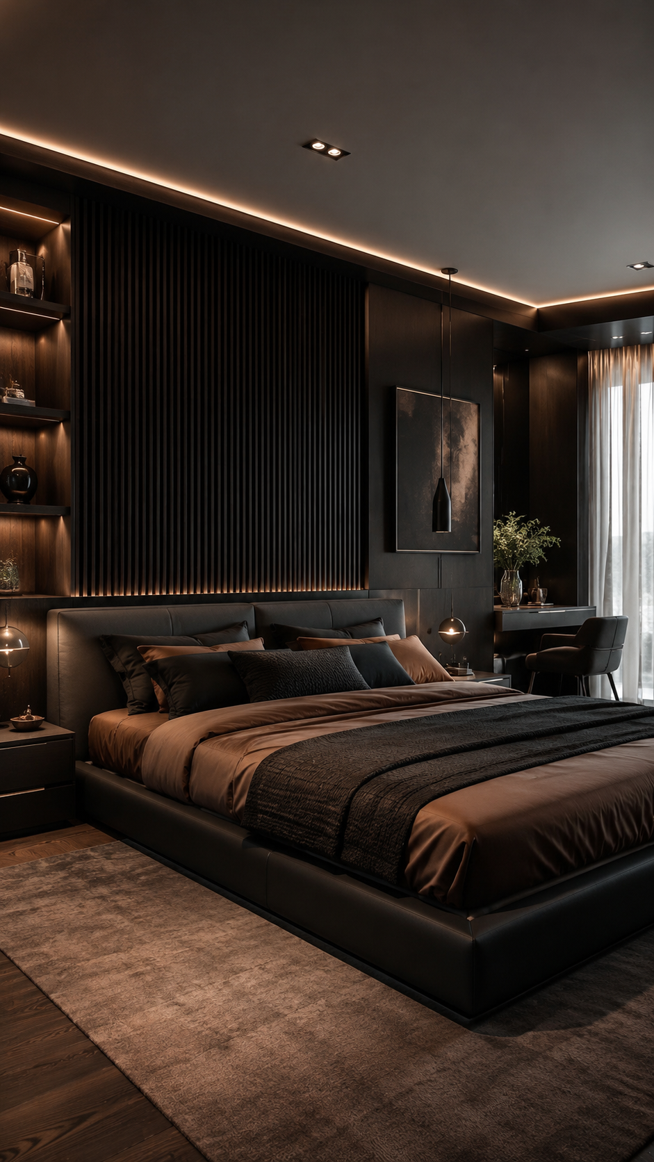 Sleek black and brown bedroom with black slatted accent wall, platform bed, brown bedding, pendant lights, built-in shelving, and desk corner