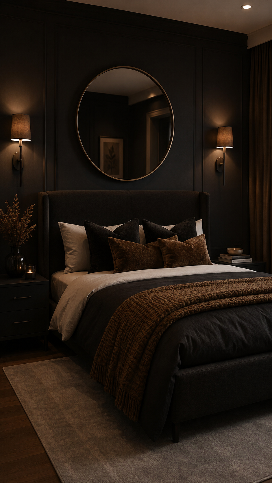 Quiet luxury black and brown bedroom with round mirror, dark paneled wall, brown velvet pillows, wall sconces, and light rug