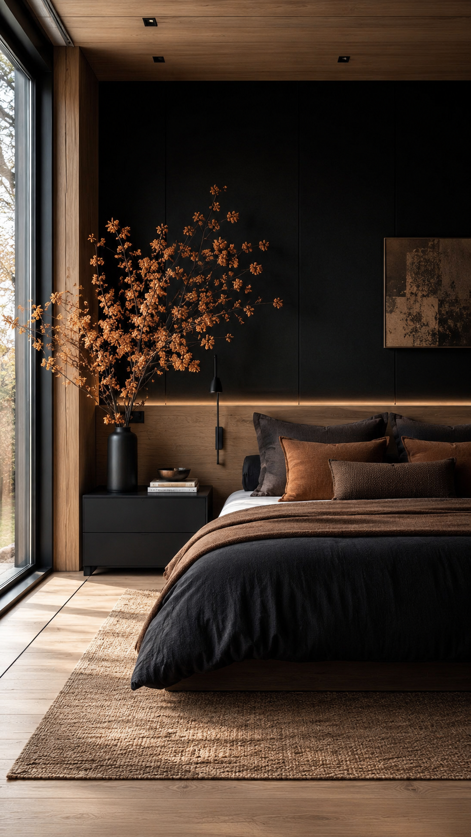 Minimal black and brown bedroom with matte black wall, wood ceiling, platform bed, brown pillows, horizontal light, and woven rug