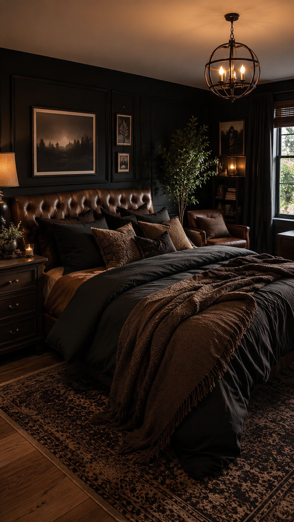 Cabin-inspired black and brown bedroom with leather tufted headboard, dark paneled walls, brown throw, chandelier, bookshelf, and leather chair