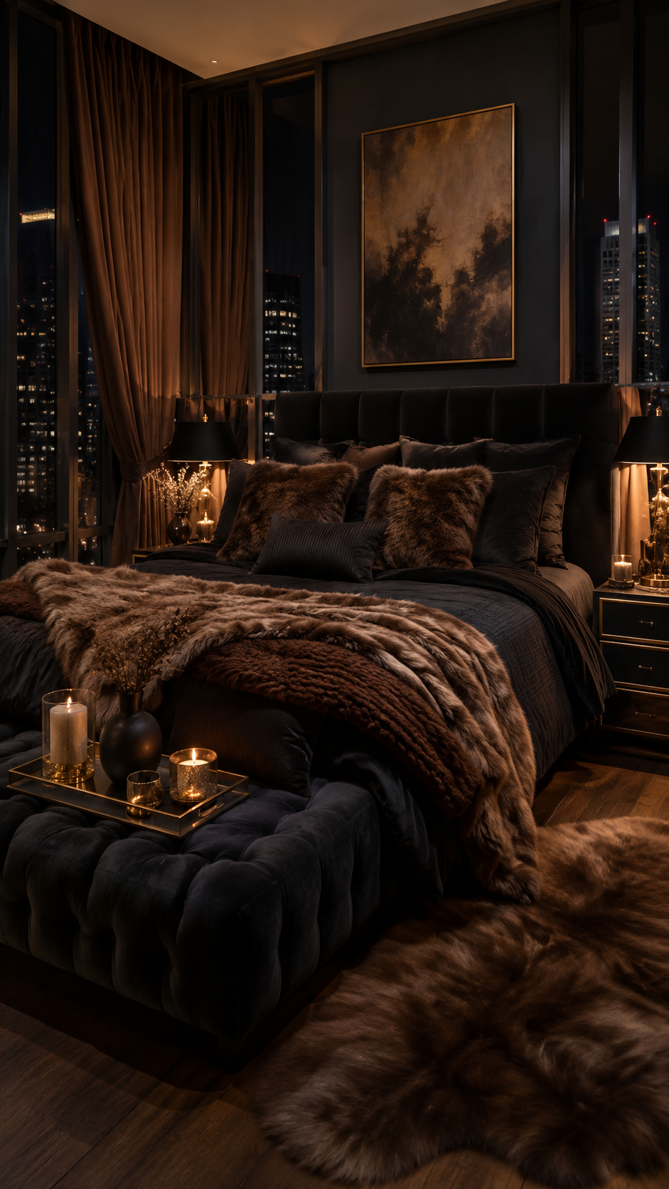 High-rise black and brown bedroom with city lights, upholstered headboard, fur pillows, tufted bench, gold tray, and brown curtains