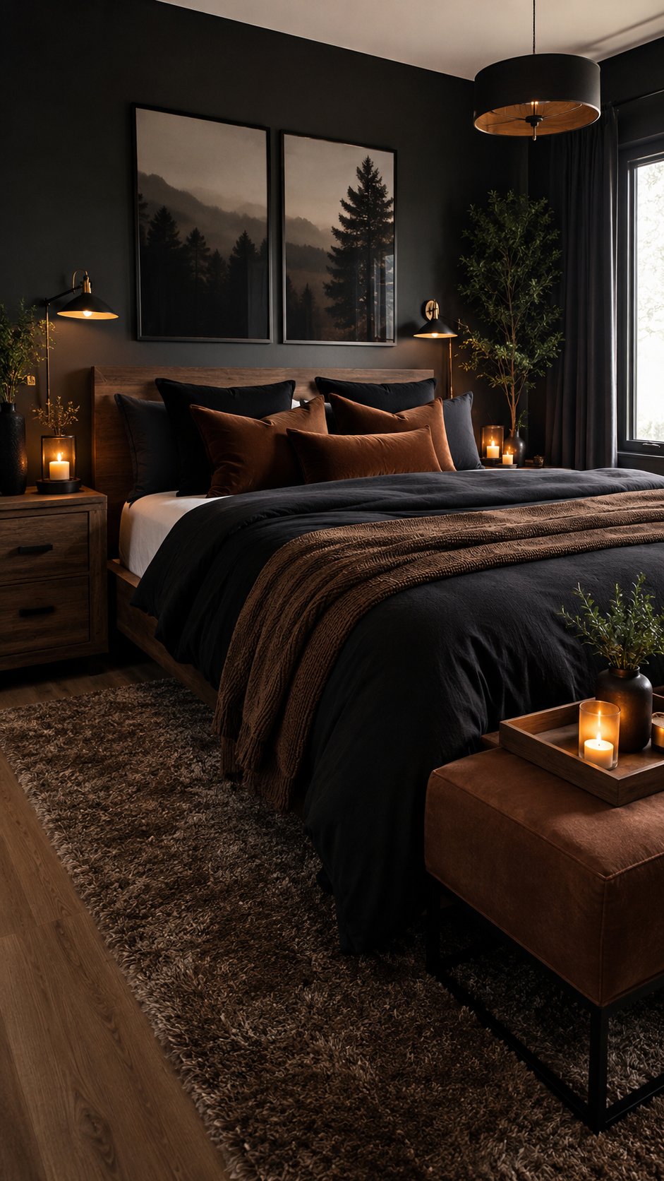 Earthy black and brown bedroom with charcoal wall, wood bed frame, landscape art, leather bench, textured rug, and tall plant