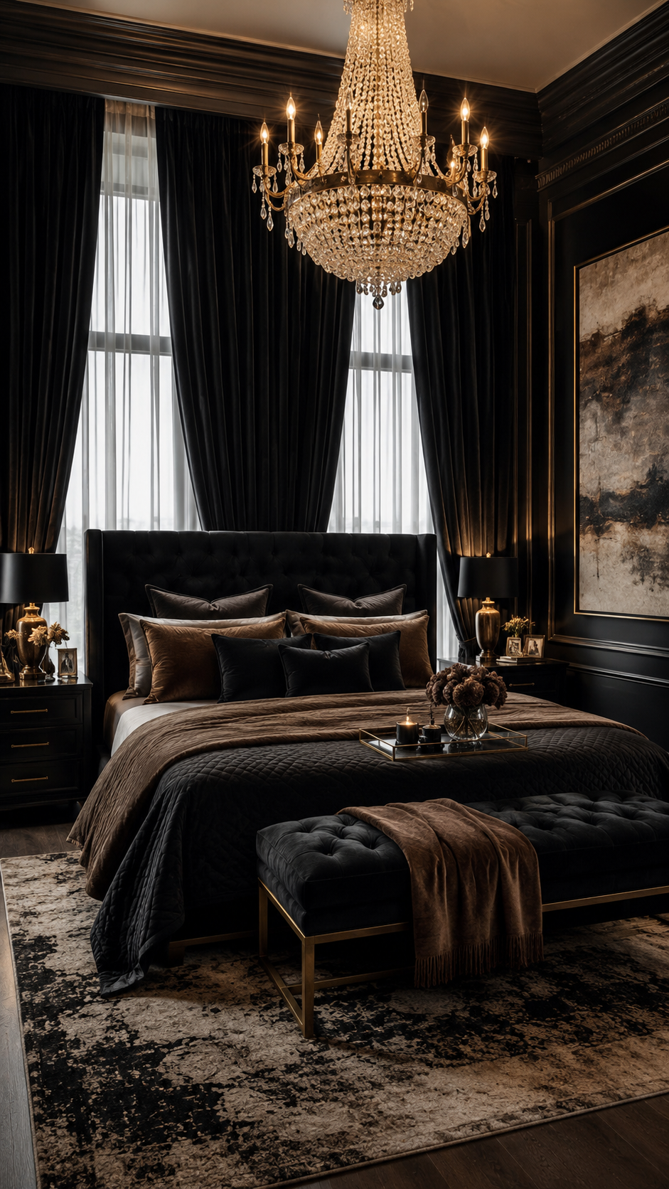 Grand black and brown bedroom with tall windows, tufted headboard, chandelier, gold bench, black drapes, and abstract wall art