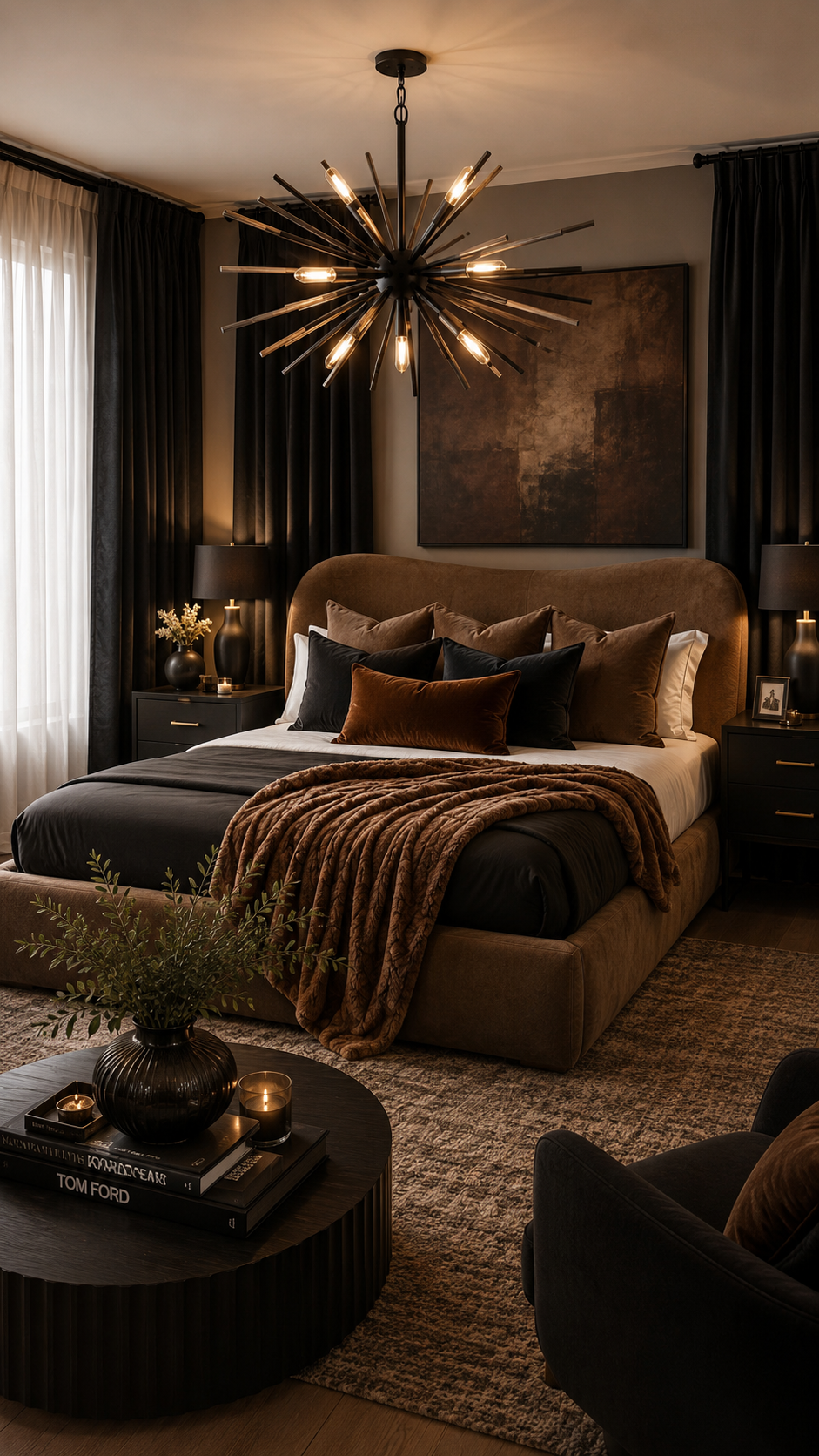 Modern black and brown bedroom with curved brown upholstered bed, abstract art, starburst chandelier, black nightstands, lounge table, and greenery
