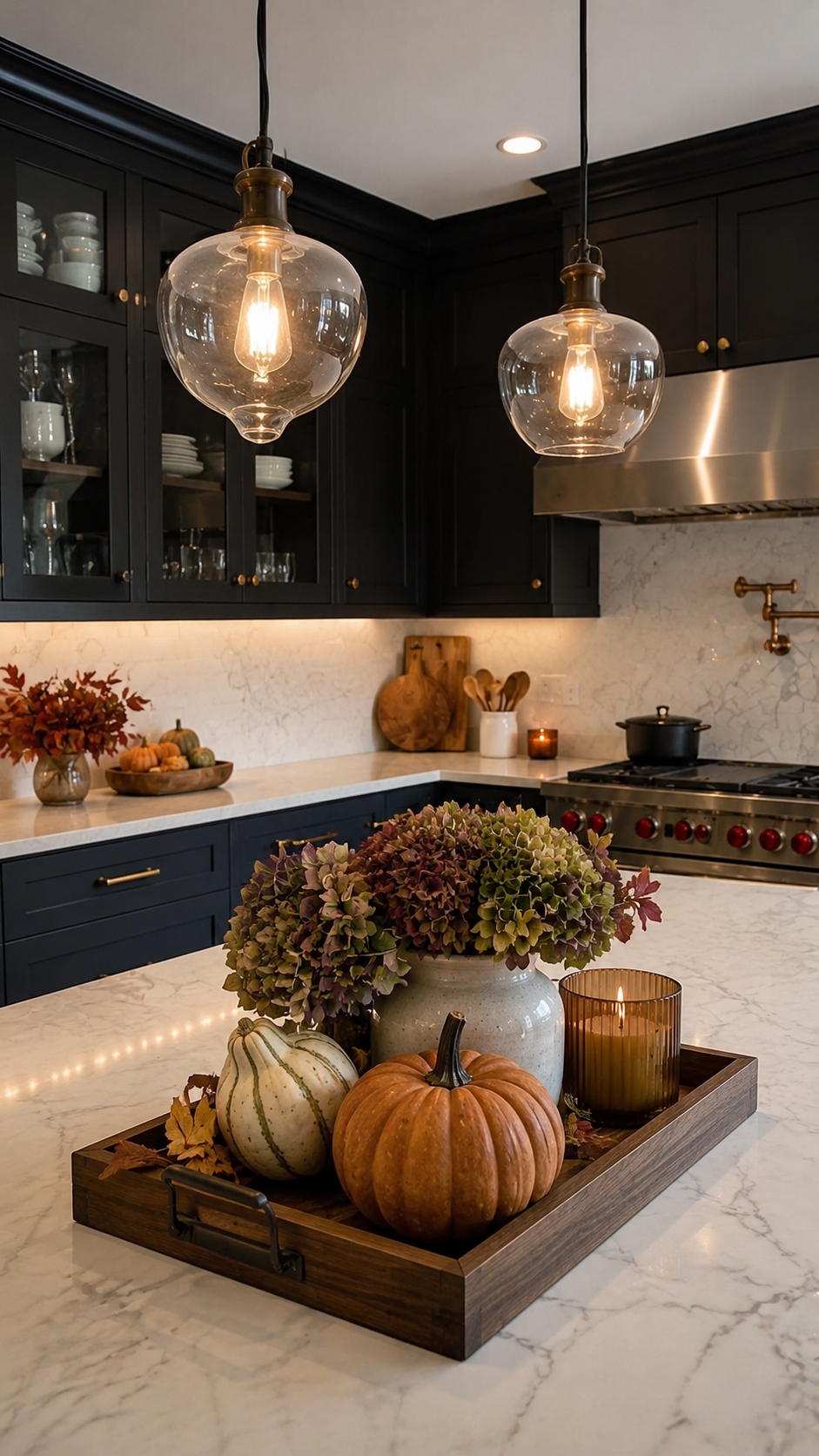 Fall kitchen decor ideas with dark cabinets, marble island, wooden tray centerpiece, pumpkins, fall flowers, candles, and glass pendant lights