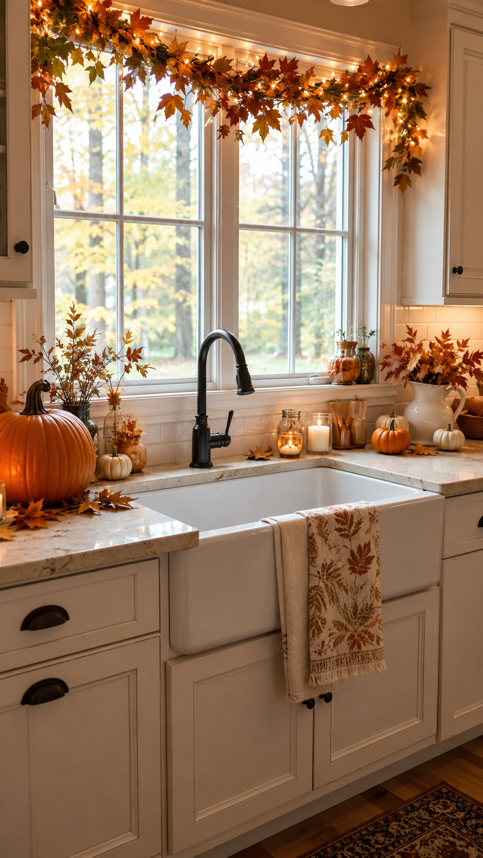 Fall kitchen window decor with farmhouse sink, autumn leaf garland, fairy lights, pumpkins, candles, white cabinets, and cozy seasonal styling