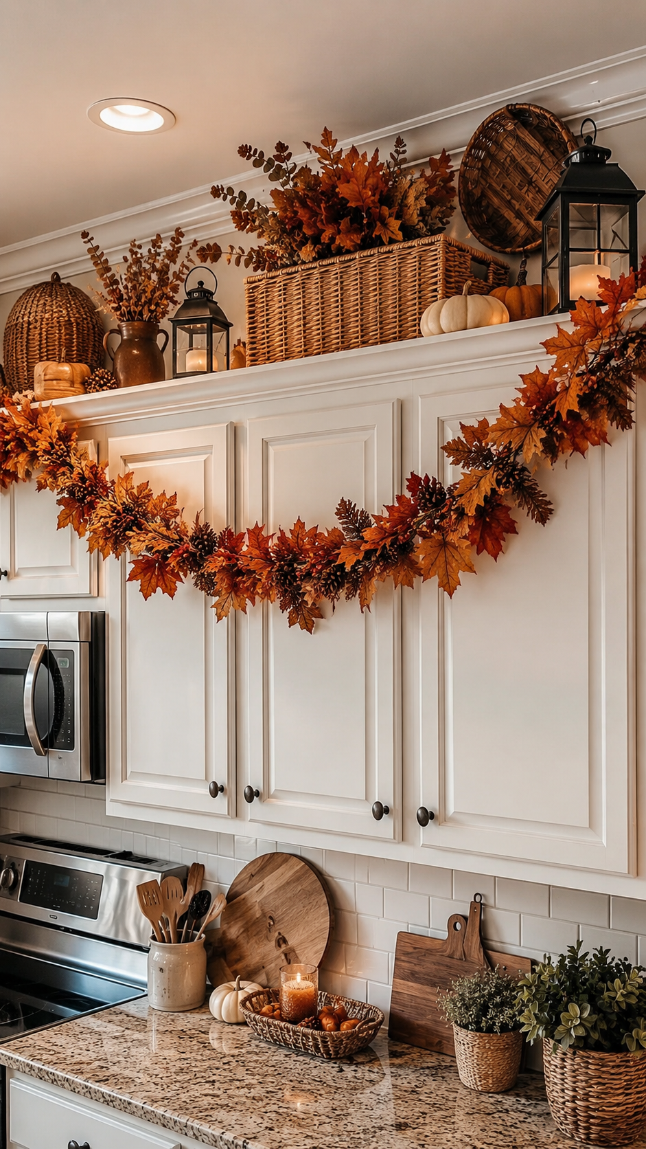 Farmhouse fall kitchen decor with cream cabinets, autumn garland, pumpkins, woven baskets, cutting boards, lanterns, candles, and wood accents