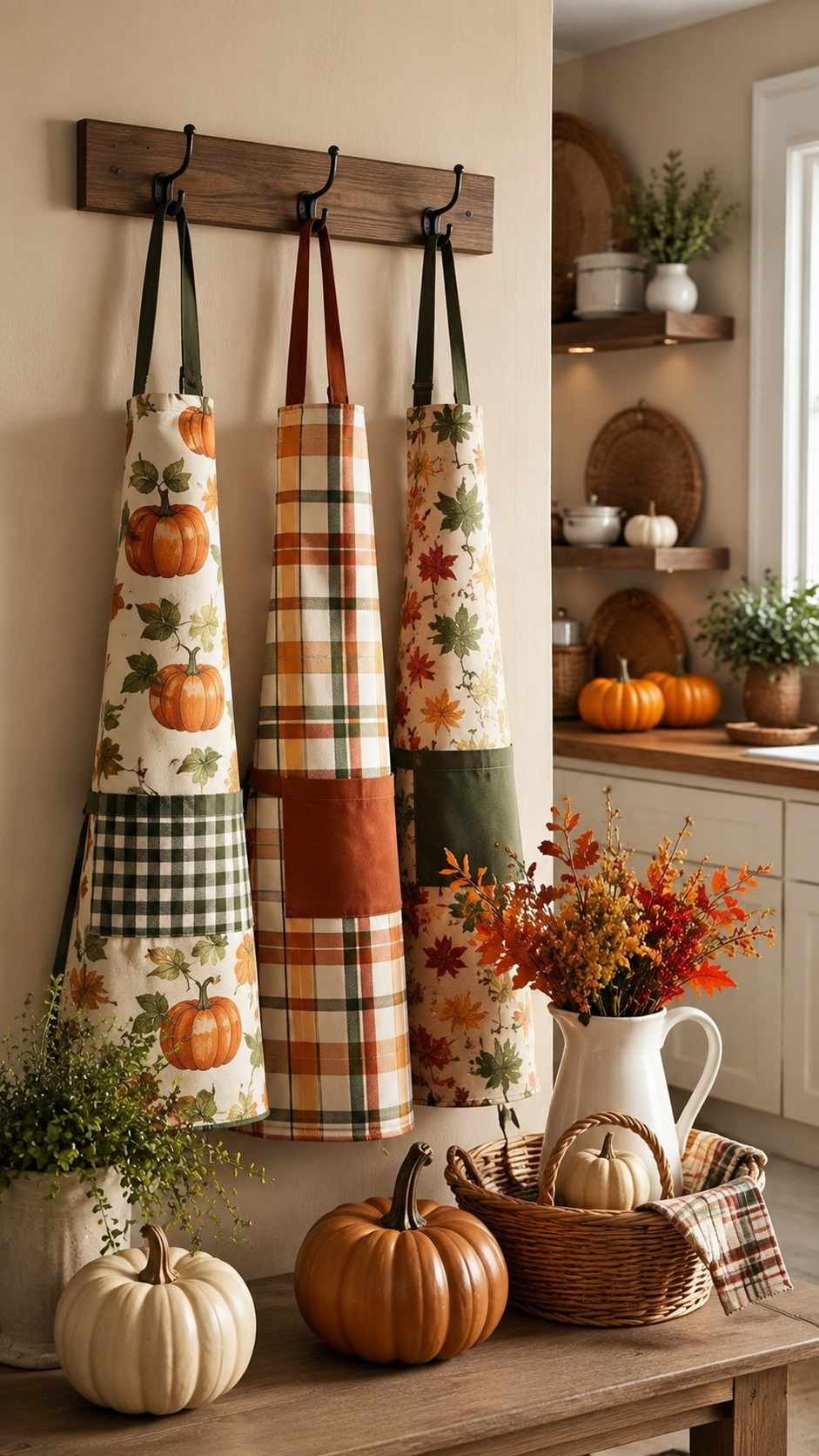 Fall kitchen corner with wooden hook rack, autumn aprons, pumpkins, woven basket, open shelves, greenery, and farmhouse seasonal decor