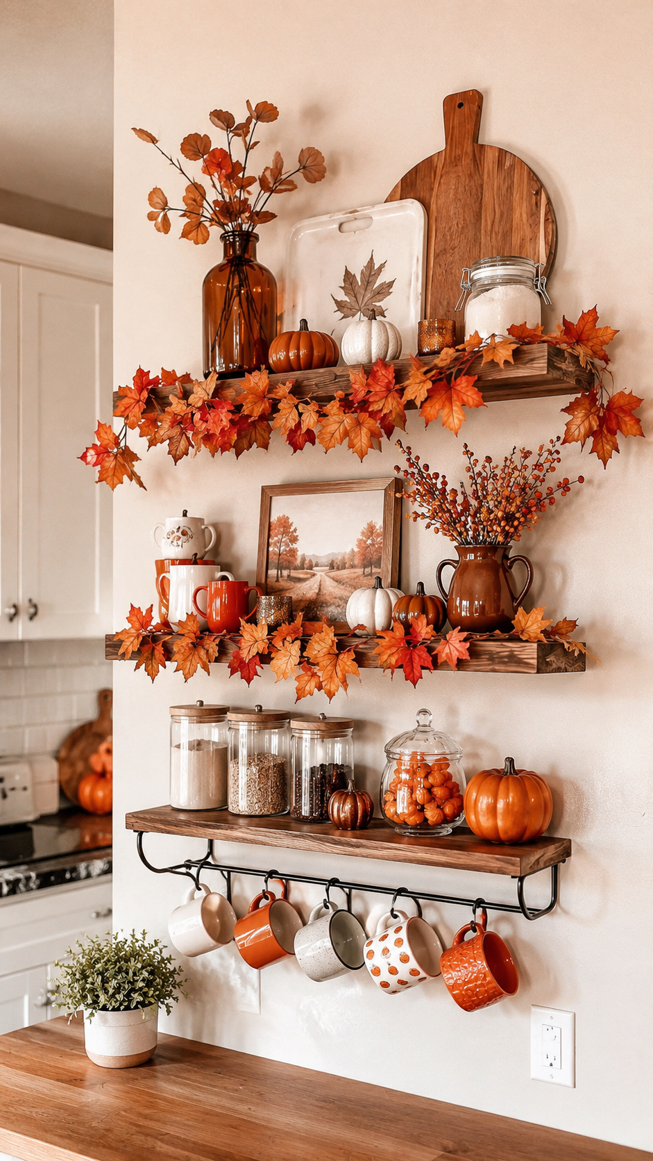 Fall kitchen open shelves with autumn leaf garlands, mugs, pumpkins, amber vase, cutting boards, glass jars, and farmhouse wall decor