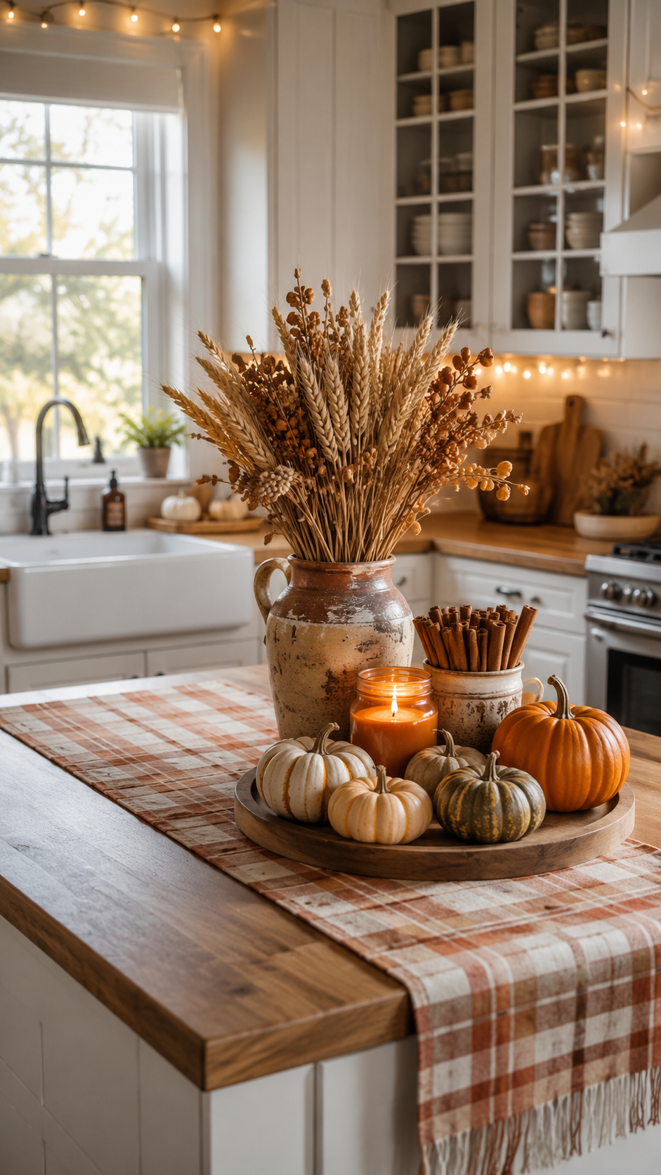 Fall kitchen island with plaid runner, wooden tray, pumpkins, candle, cinnamon sticks, dried wheat, farmhouse sink, and warm string lights